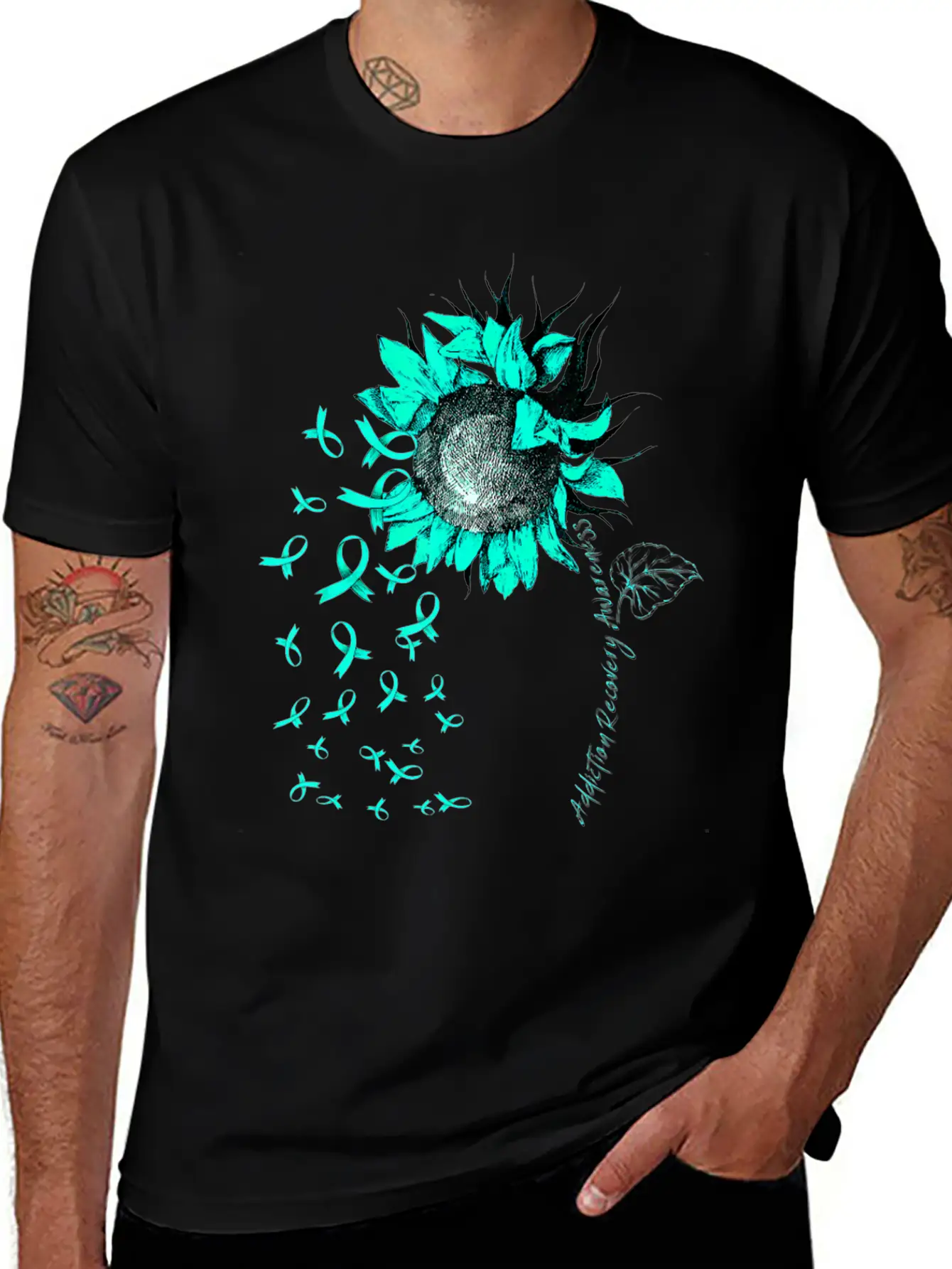 ADDICTION RECOVERY AWARENESS Sunflower Teal Ribbon Unisex Short Sleeve Soft Cotton T-Shirt – Casual Everyday Wear