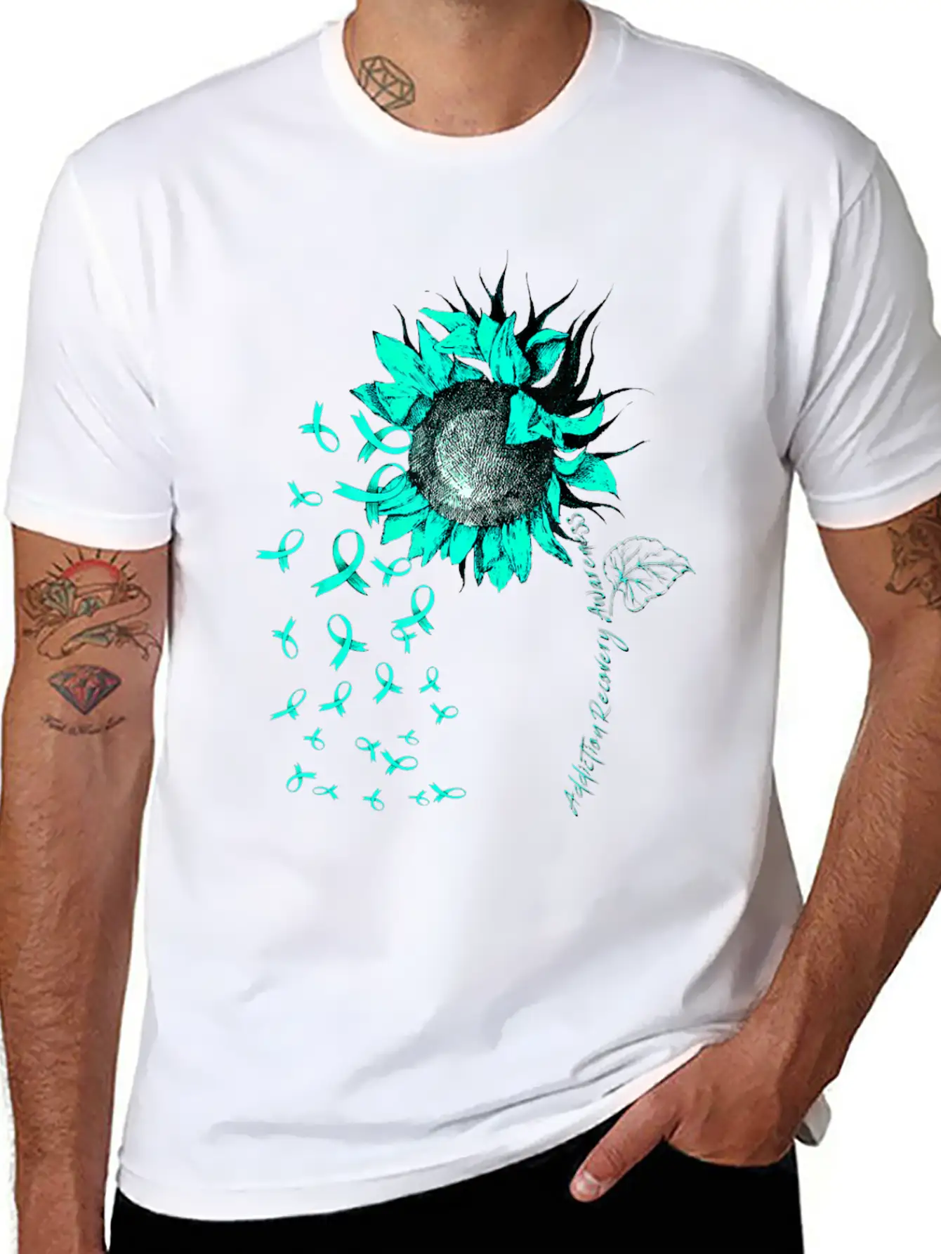 ADDICTION RECOVERY AWARENESS Sunflower Teal Ribbon Unisex Short Sleeve Soft Cotton T-Shirt – Casual Everyday Wear