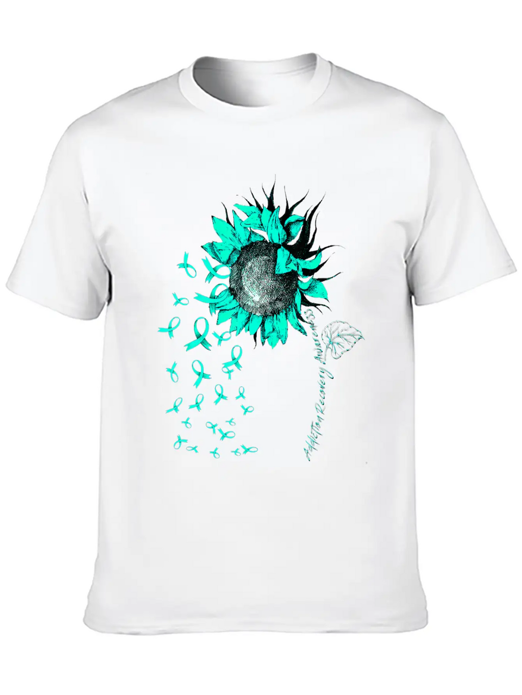 ADDICTION RECOVERY AWARENESS Sunflower Teal Ribbon Unisex Short Sleeve Soft Cotton T-Shirt – Casual Everyday Wear