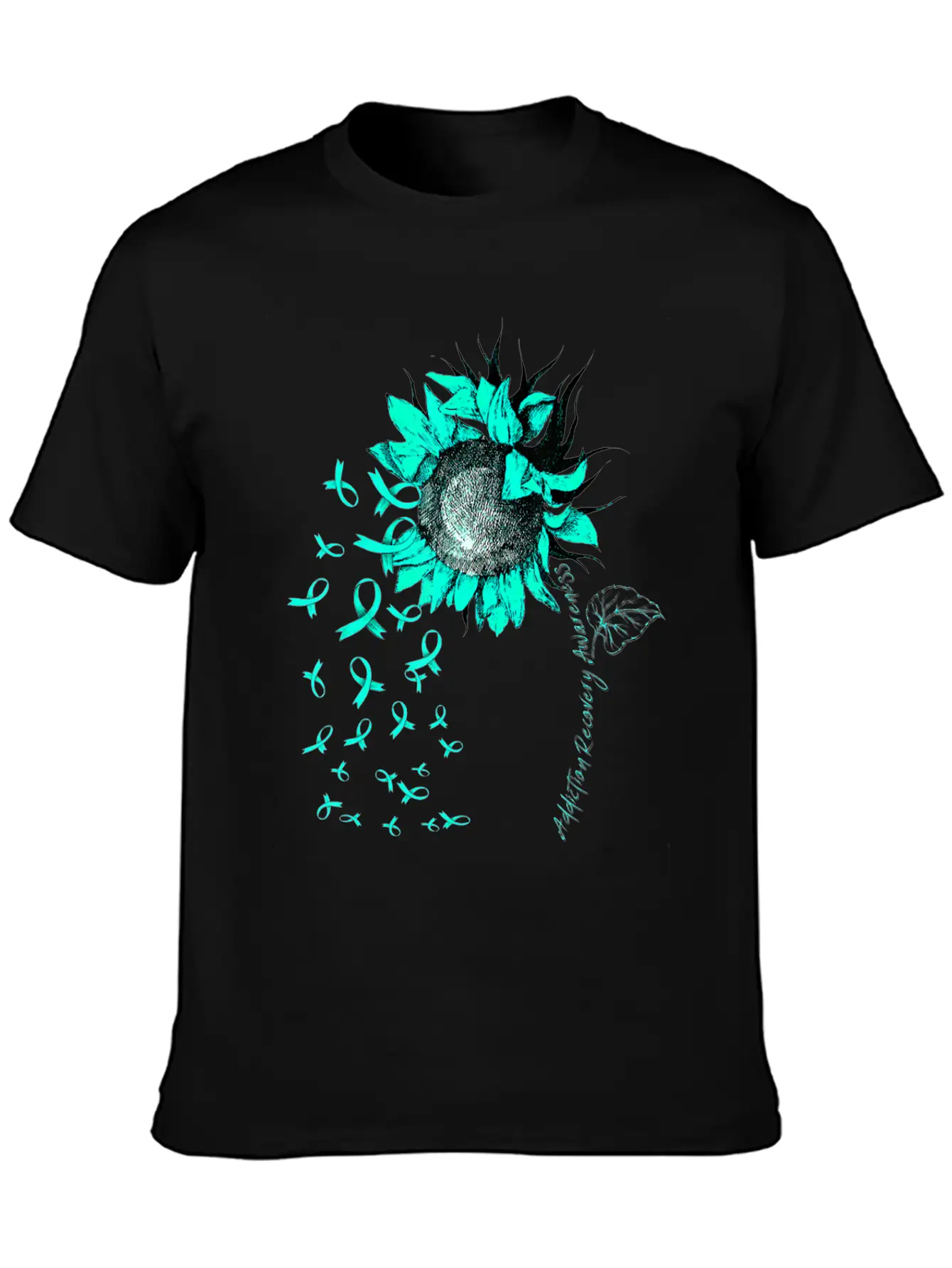 ADDICTION RECOVERY AWARENESS Sunflower Teal Ribbon Unisex Short Sleeve Soft Cotton T-Shirt – Casual Everyday Wear