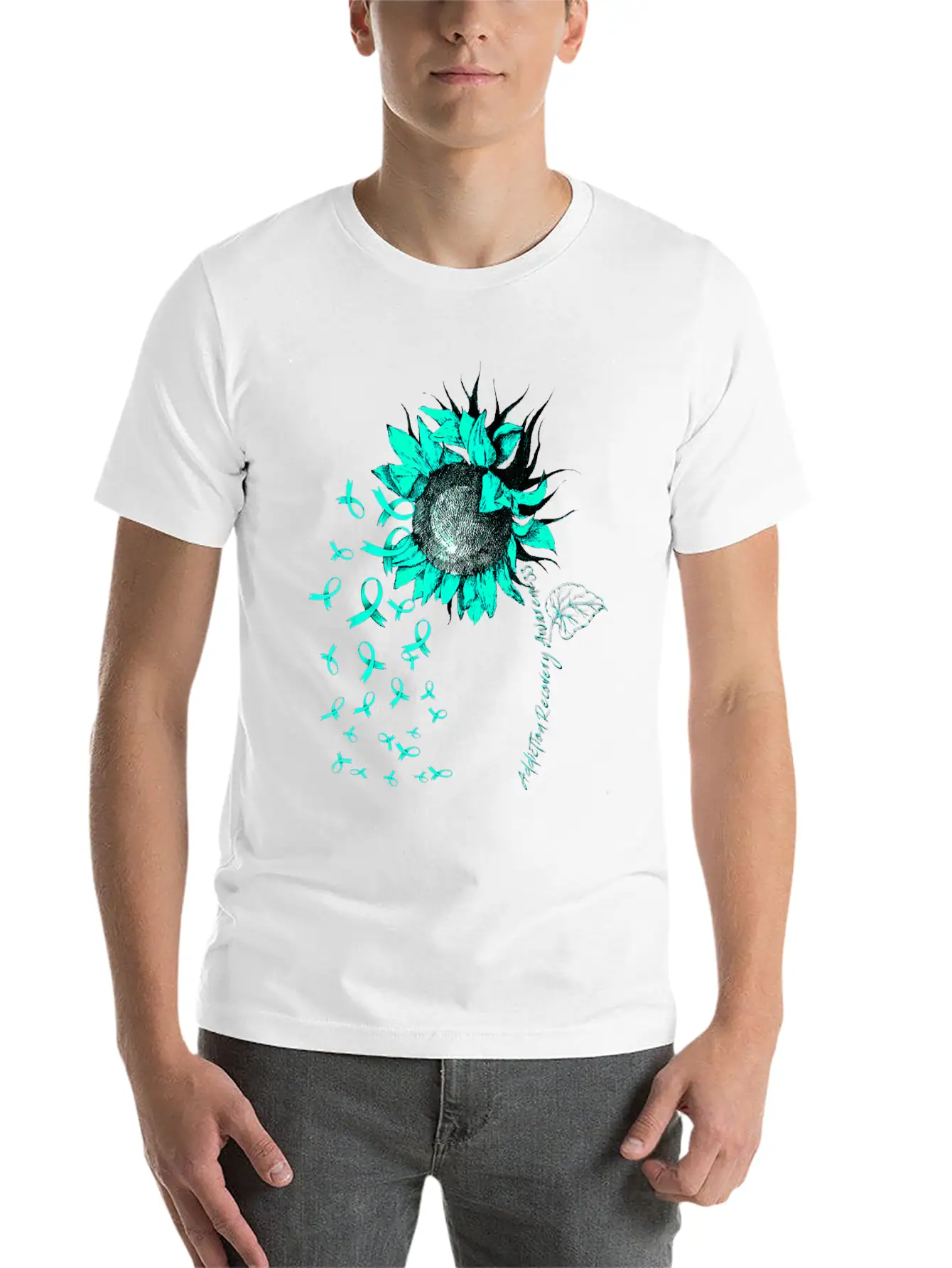ADDICTION RECOVERY AWARENESS Sunflower Teal Ribbon Unisex Short Sleeve Soft Cotton T-Shirt – Casual Everyday Wear