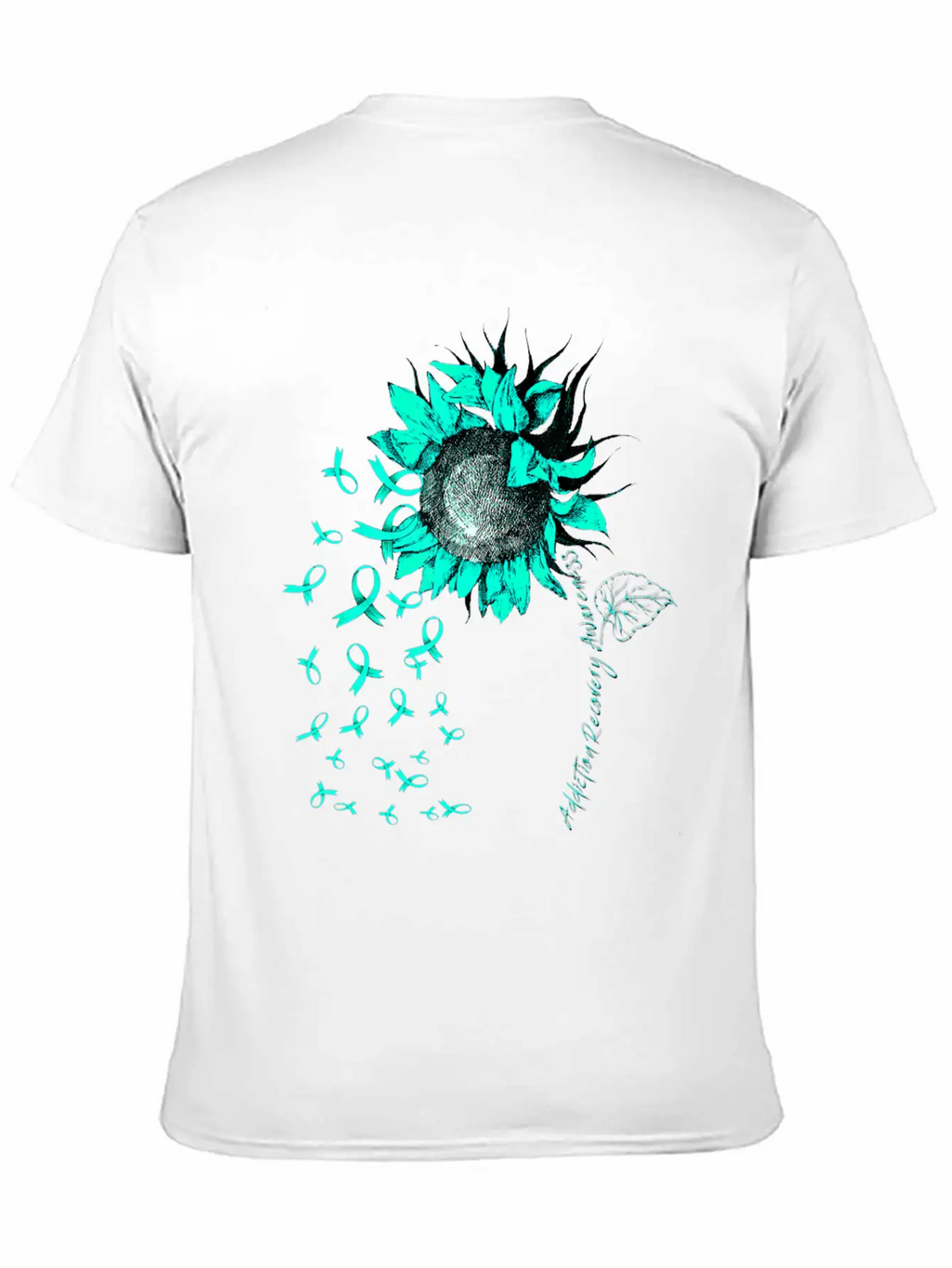 ADDICTION RECOVERY AWARENESS Sunflower Teal Ribbon Unisex Short Sleeve Soft Cotton T-Shirt – Casual Everyday Wear