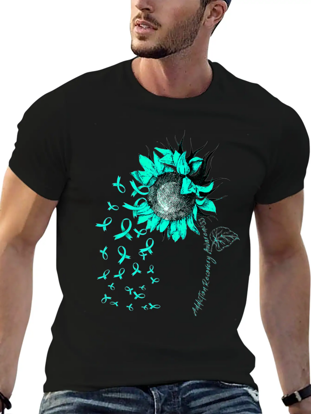 ADDICTION RECOVERY AWARENESS Sunflower Teal Ribbon Unisex Short Sleeve Soft Cotton T-Shirt – Casual Everyday Wear
