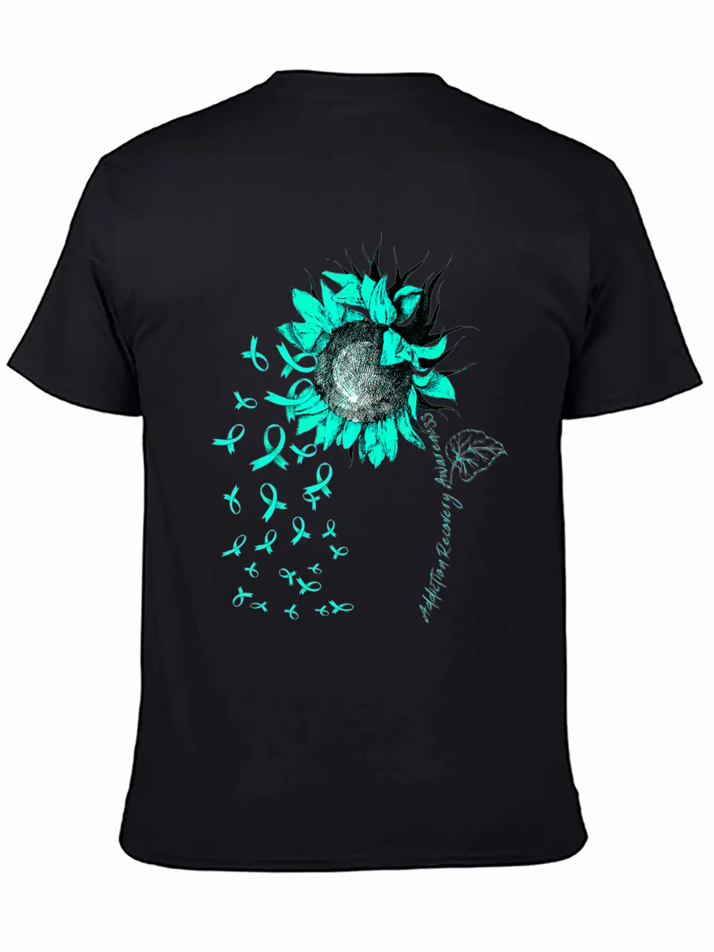 ADDICTION RECOVERY AWARENESS Sunflower Teal Ribbon Unisex Short Sleeve Soft Cotton T-Shirt – Casual Everyday Wear