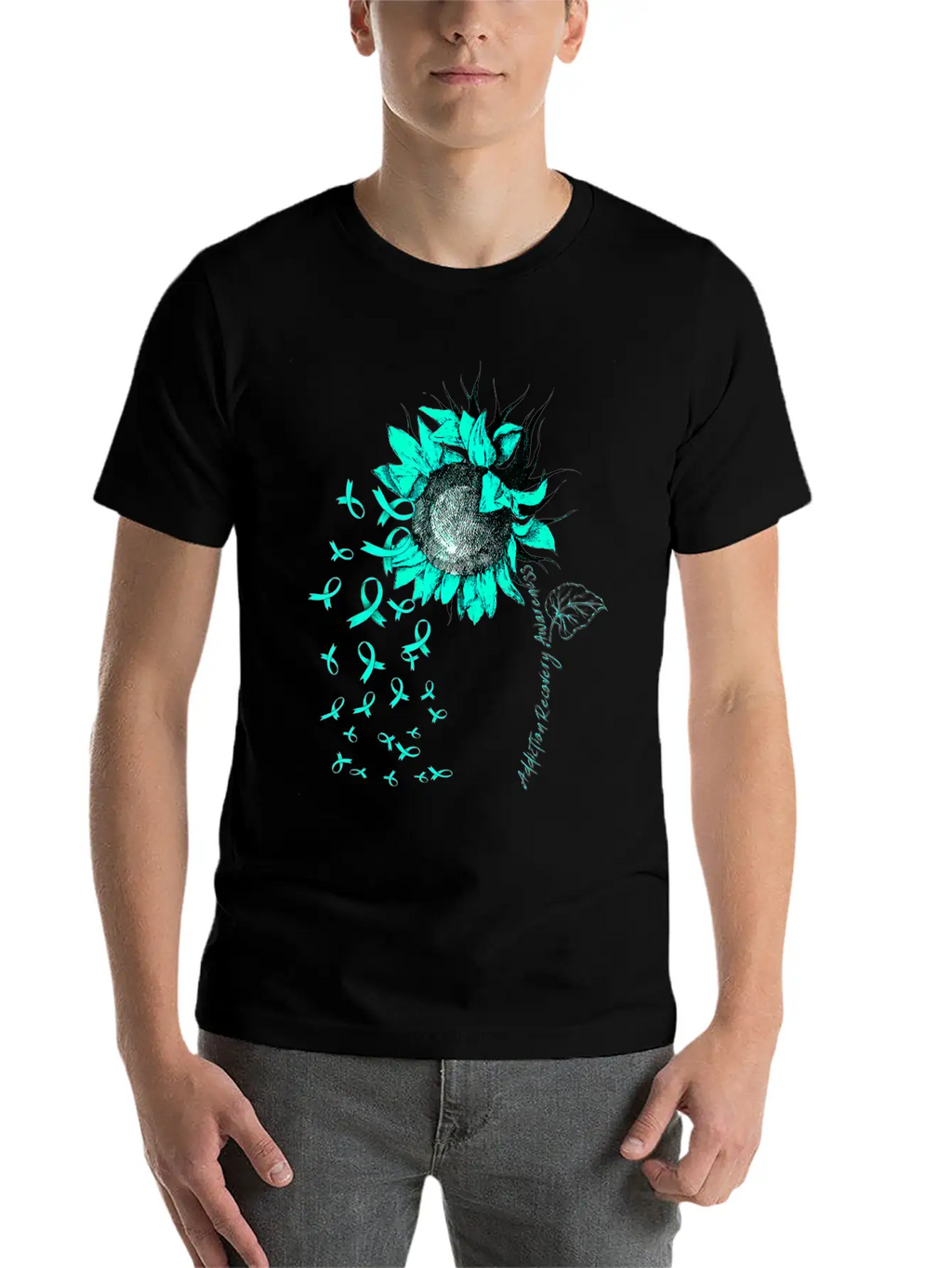 ADDICTION RECOVERY AWARENESS Sunflower Teal Ribbon Unisex Short Sleeve Soft Cotton T-Shirt – Casual Everyday Wear