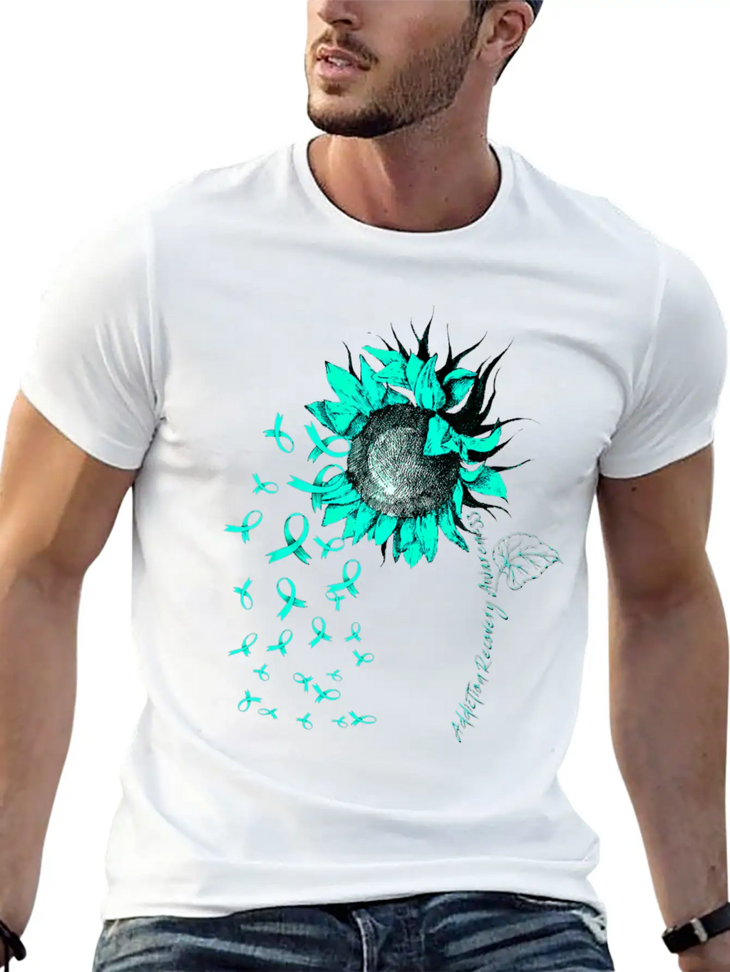 ADDICTION RECOVERY AWARENESS Sunflower Teal Ribbon Unisex Short Sleeve Soft Cotton T-Shirt – Casual Everyday Wear