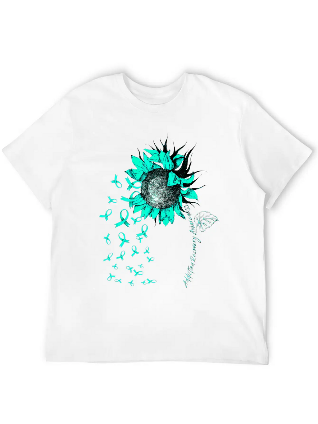 ADDICTION RECOVERY AWARENESS Sunflower Teal Ribbon Unisex Short Sleeve Soft Cotton T-Shirt – Casual Everyday Wear