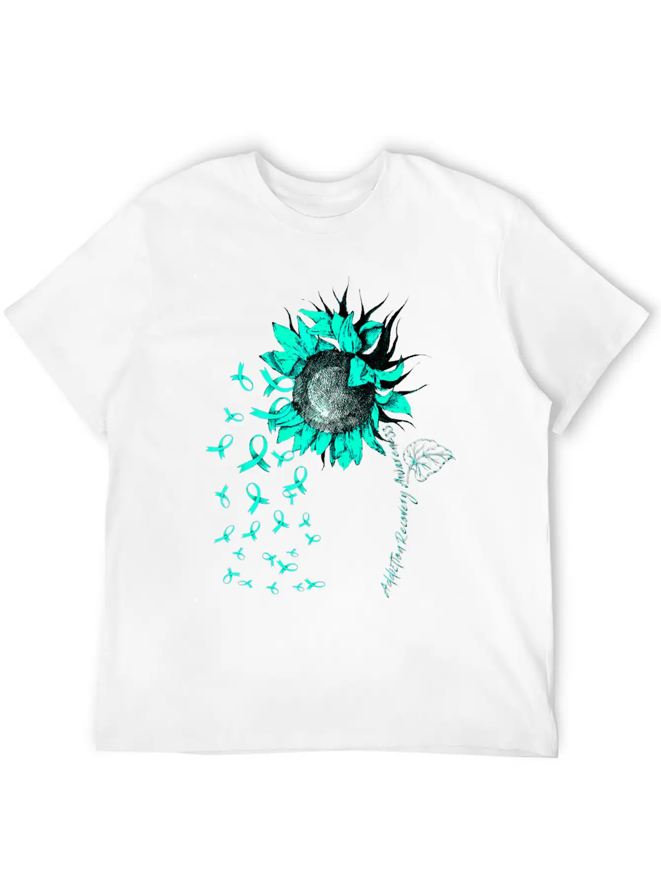 ADDICTION RECOVERY AWARENESS Sunflower Teal Ribbon Unisex Short Sleeve Soft Cotton T-Shirt – Casual Everyday Wear