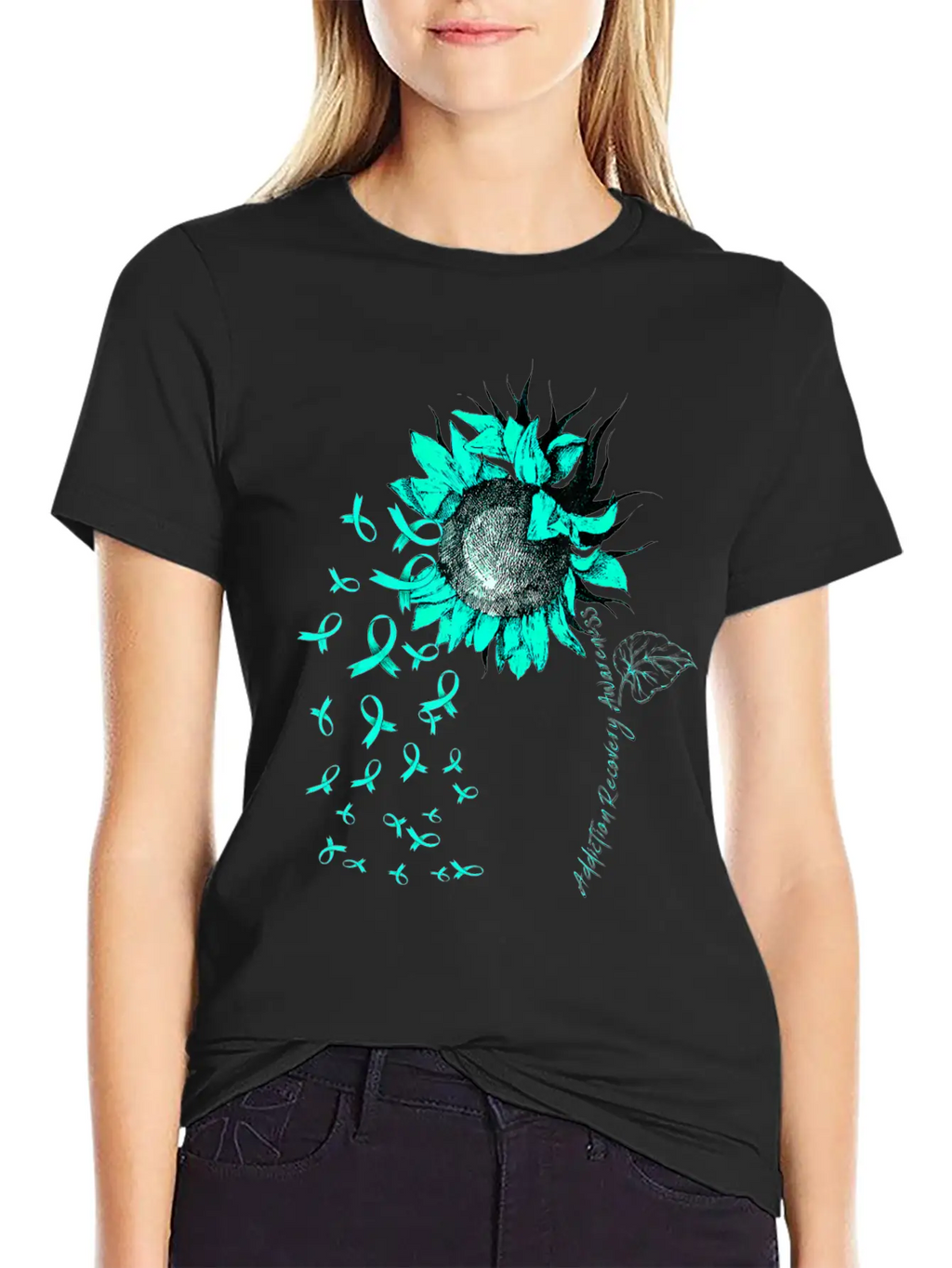 ADDICTION RECOVERY AWARENESS Sunflower Teal Ribbon Unisex Short Sleeve Soft Cotton T-Shirt – Casual Everyday Wear