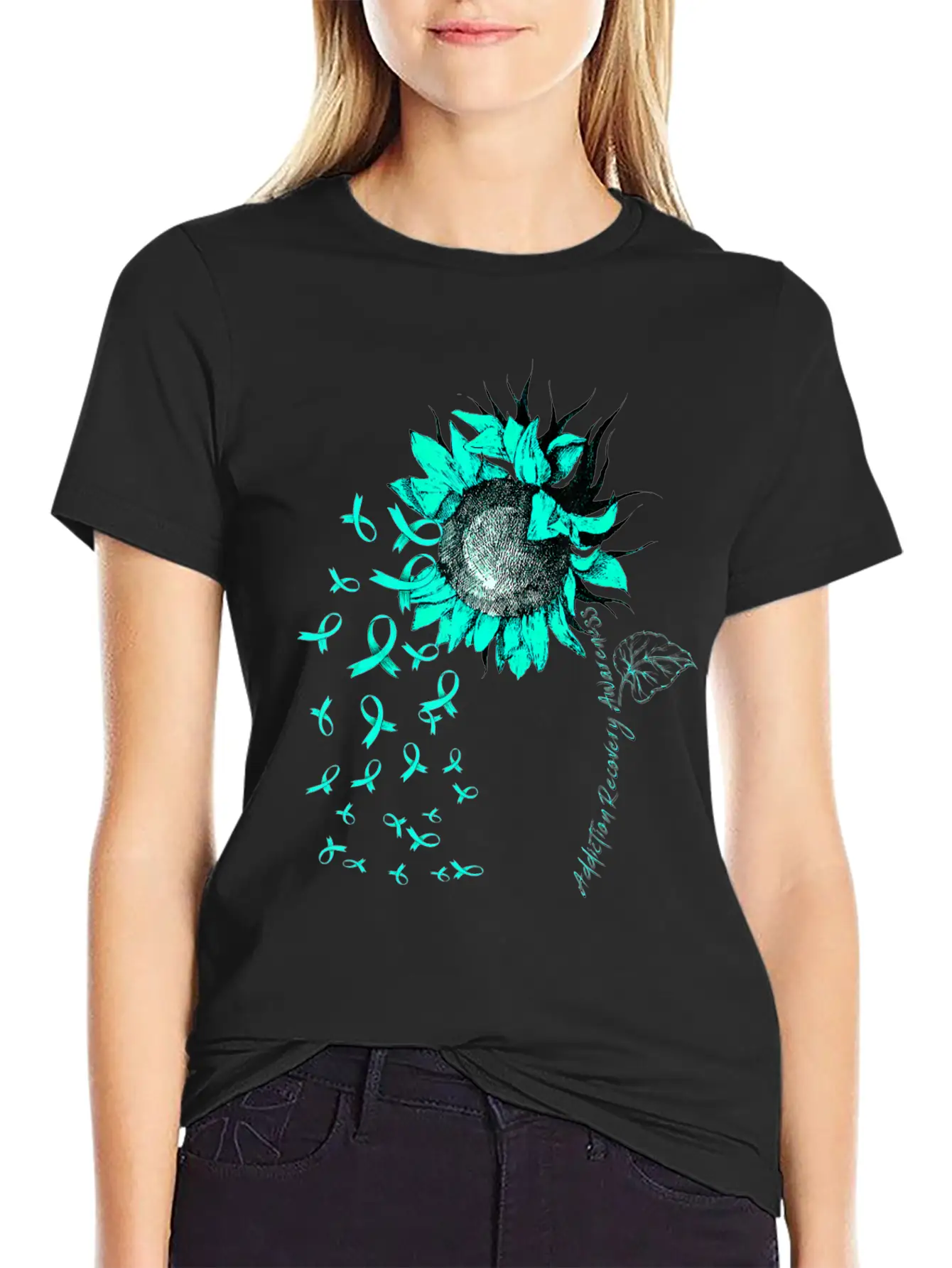 ADDICTION RECOVERY AWARENESS Sunflower Teal Ribbon Unisex Short Sleeve Soft Cotton T-Shirt – Casual Everyday Wear