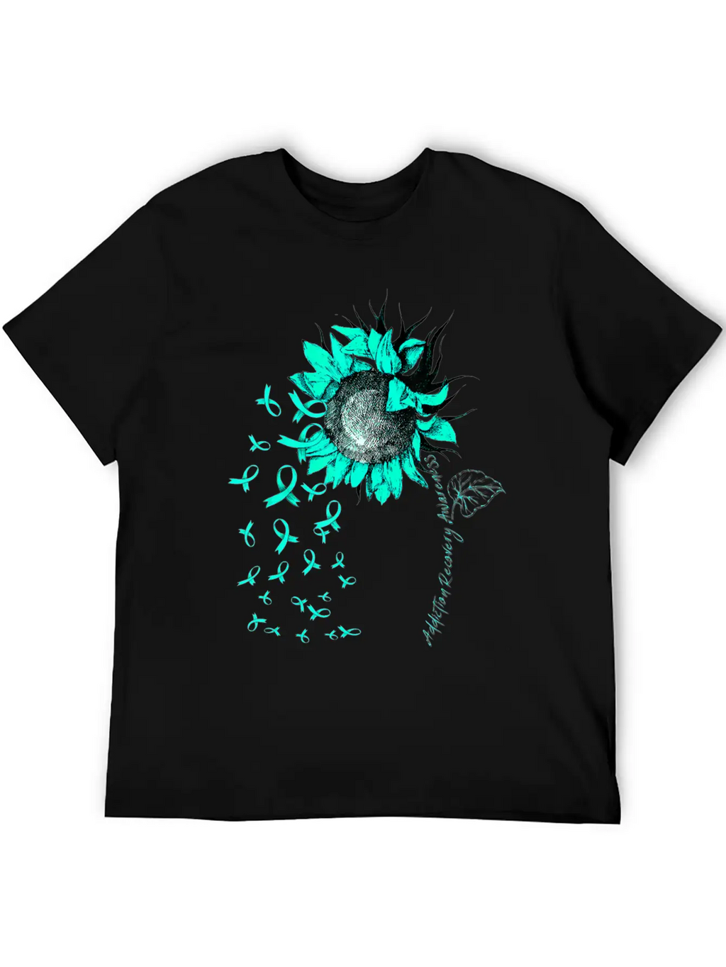 ADDICTION RECOVERY AWARENESS Sunflower Teal Ribbon Unisex Short Sleeve Soft Cotton T-Shirt – Casual Everyday Wear