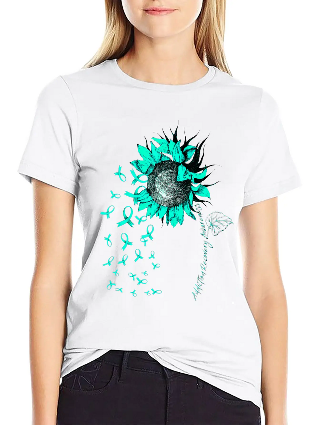 ADDICTION RECOVERY AWARENESS Sunflower Teal Ribbon Unisex Short Sleeve Soft Cotton T-Shirt – Casual Everyday Wear