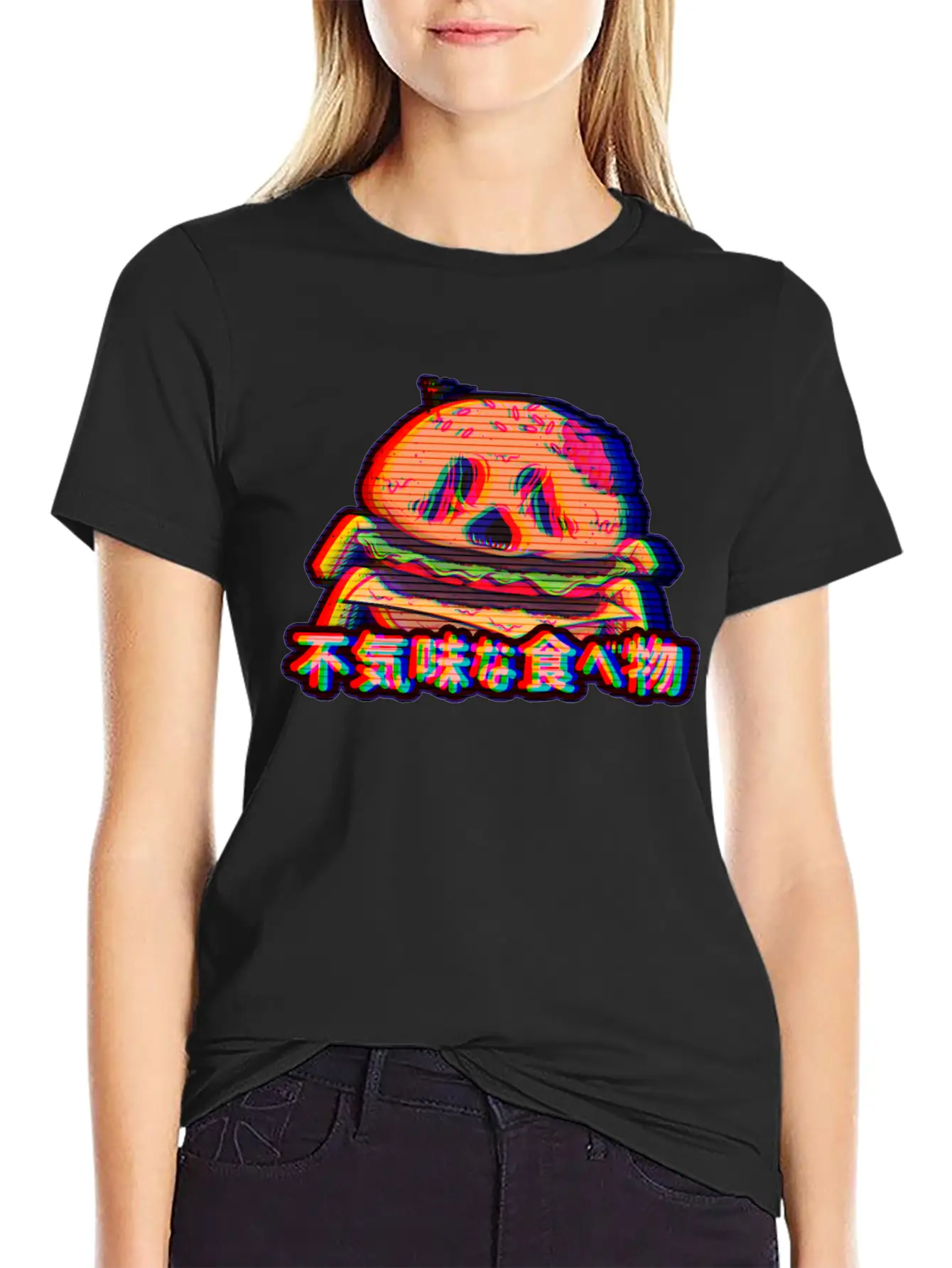 Aesthetic Synthwave Otaku Creepy Food Hamburger Essential Cotton Tee For Daily Outfits – Unisex Style