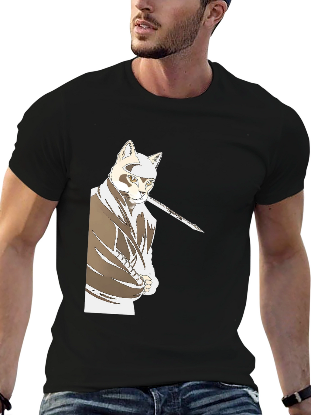 Samurai Cat T-Shirt - Black Graphic Tee
