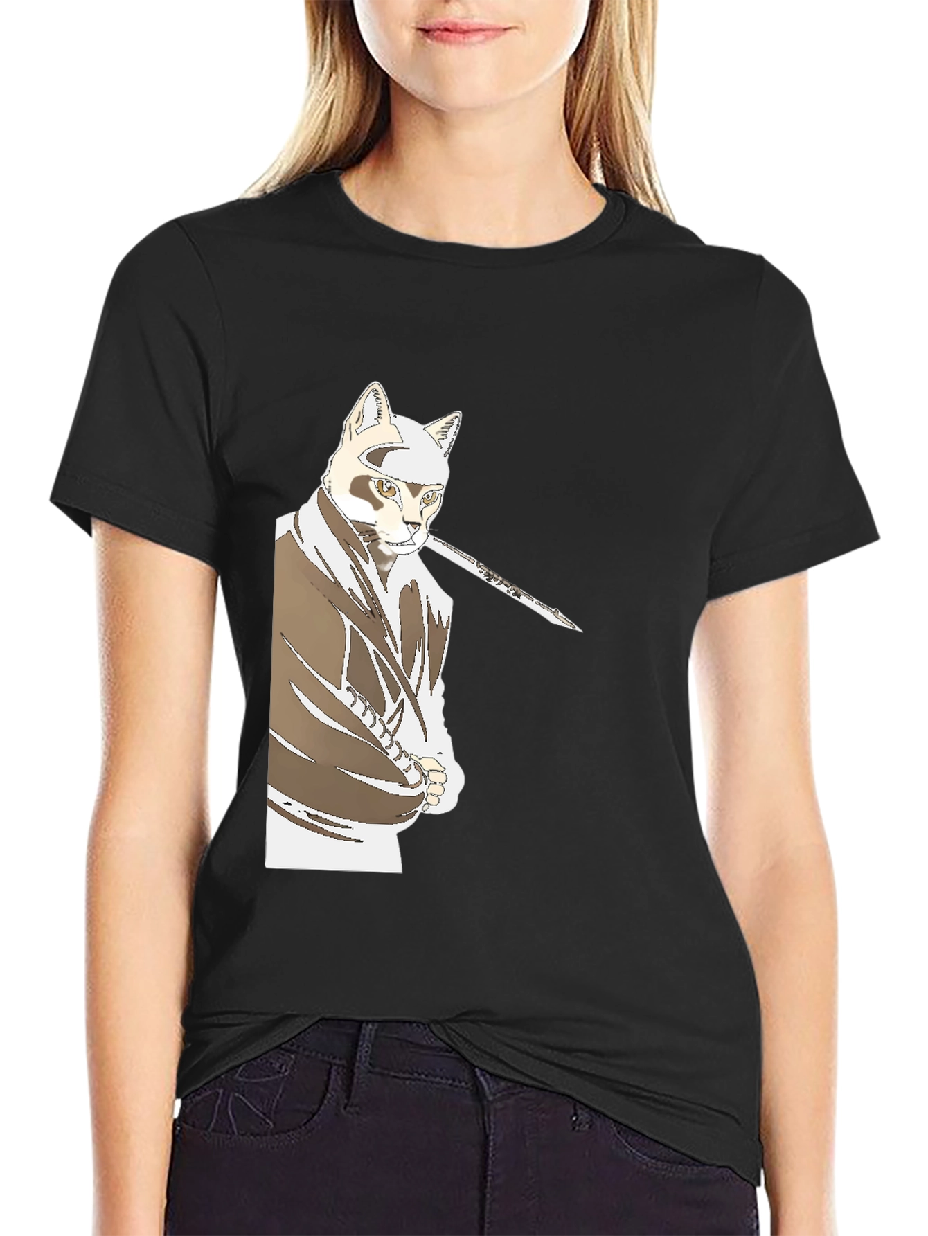 Samurai Cat T-Shirt - Black Graphic Tee