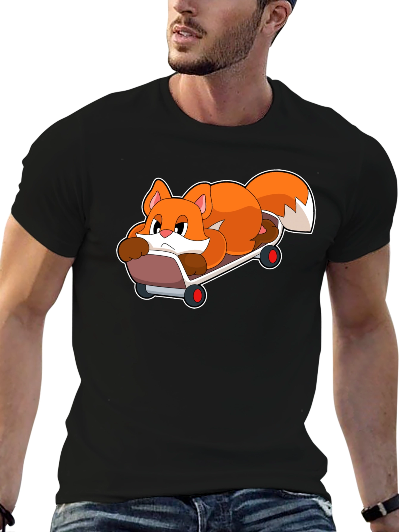 Cool Fox Skateboarder Black T-Shirt