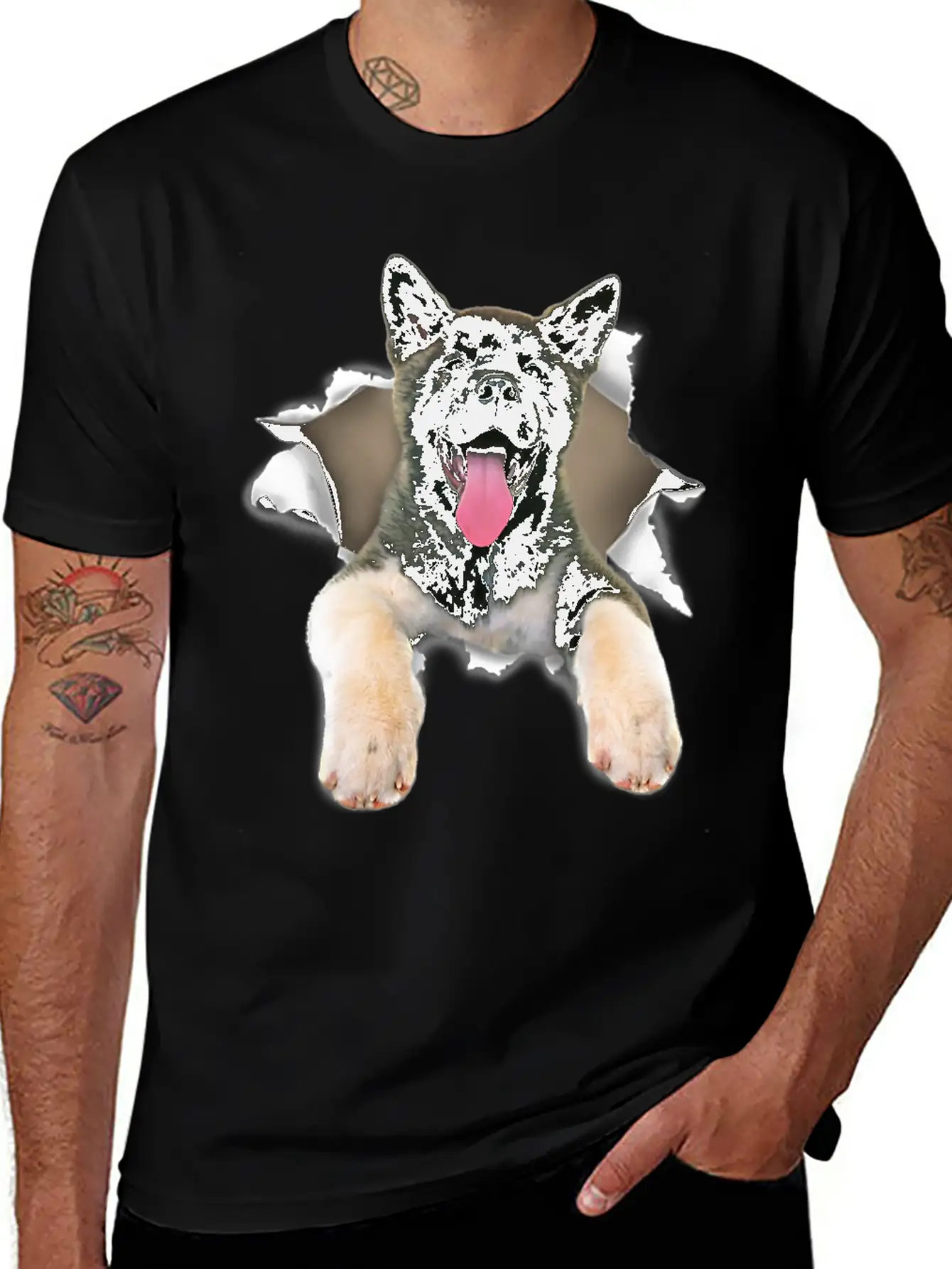Akita Torn Dog Inside Hole Dog Mid Torn Funny Dog Stylish Everyday T-Shirt – Unisex Basic Cotton Tee