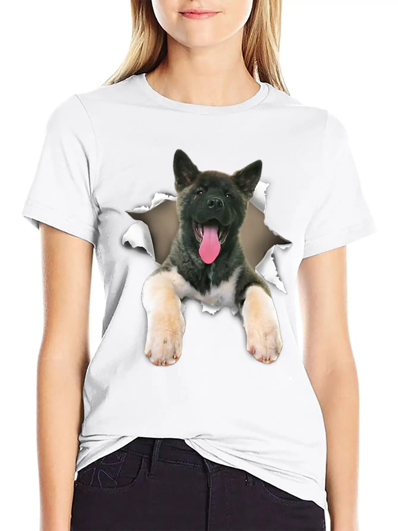 Akita Torn Dog Inside Hole Dog Mid Torn Funny Dog Stylish Everyday T-Shirt – Unisex Basic Cotton Tee