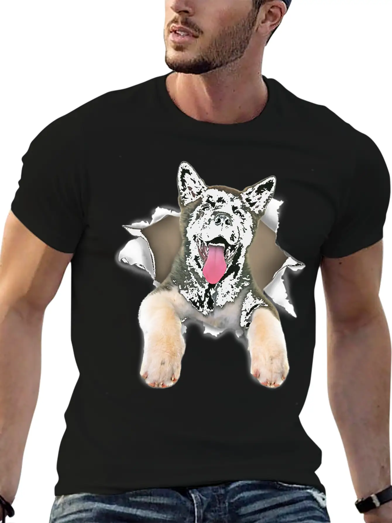 Akita Torn Dog Inside Hole Dog Mid Torn Funny Dog Stylish Everyday T-Shirt – Unisex Basic Cotton Tee