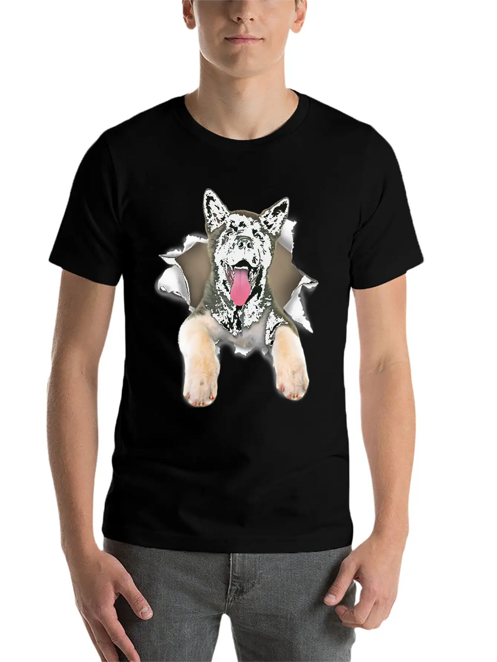 Akita Torn Dog Inside Hole Dog Mid Torn Funny Dog Stylish Everyday T-Shirt – Unisex Basic Cotton Tee