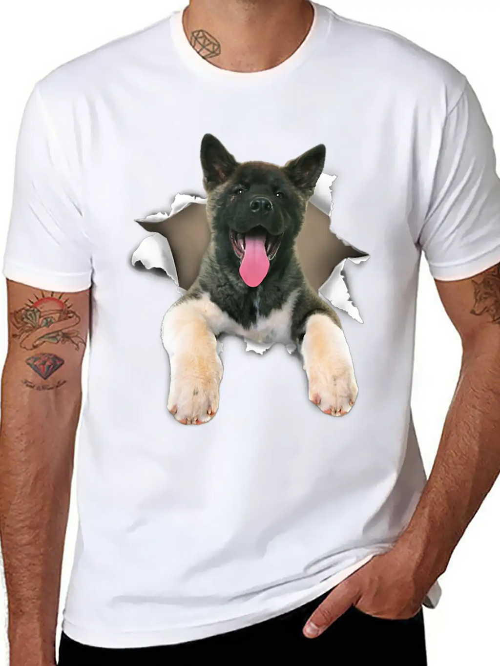 Akita Torn Dog Inside Hole Dog Mid Torn Funny Dog Stylish Everyday T-Shirt – Unisex Basic Cotton Tee