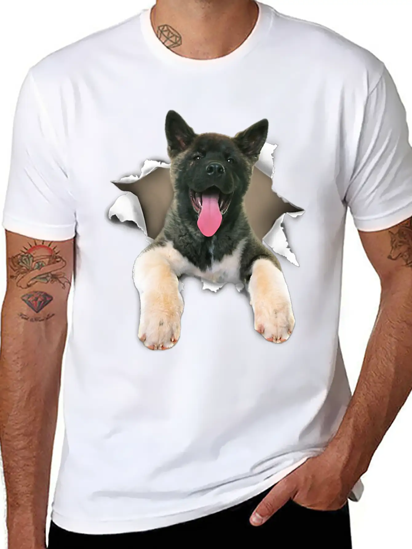 Akita Torn Dog Inside Hole Dog Mid Torn Funny Dog Stylish Everyday T-Shirt – Unisex Basic Cotton Tee