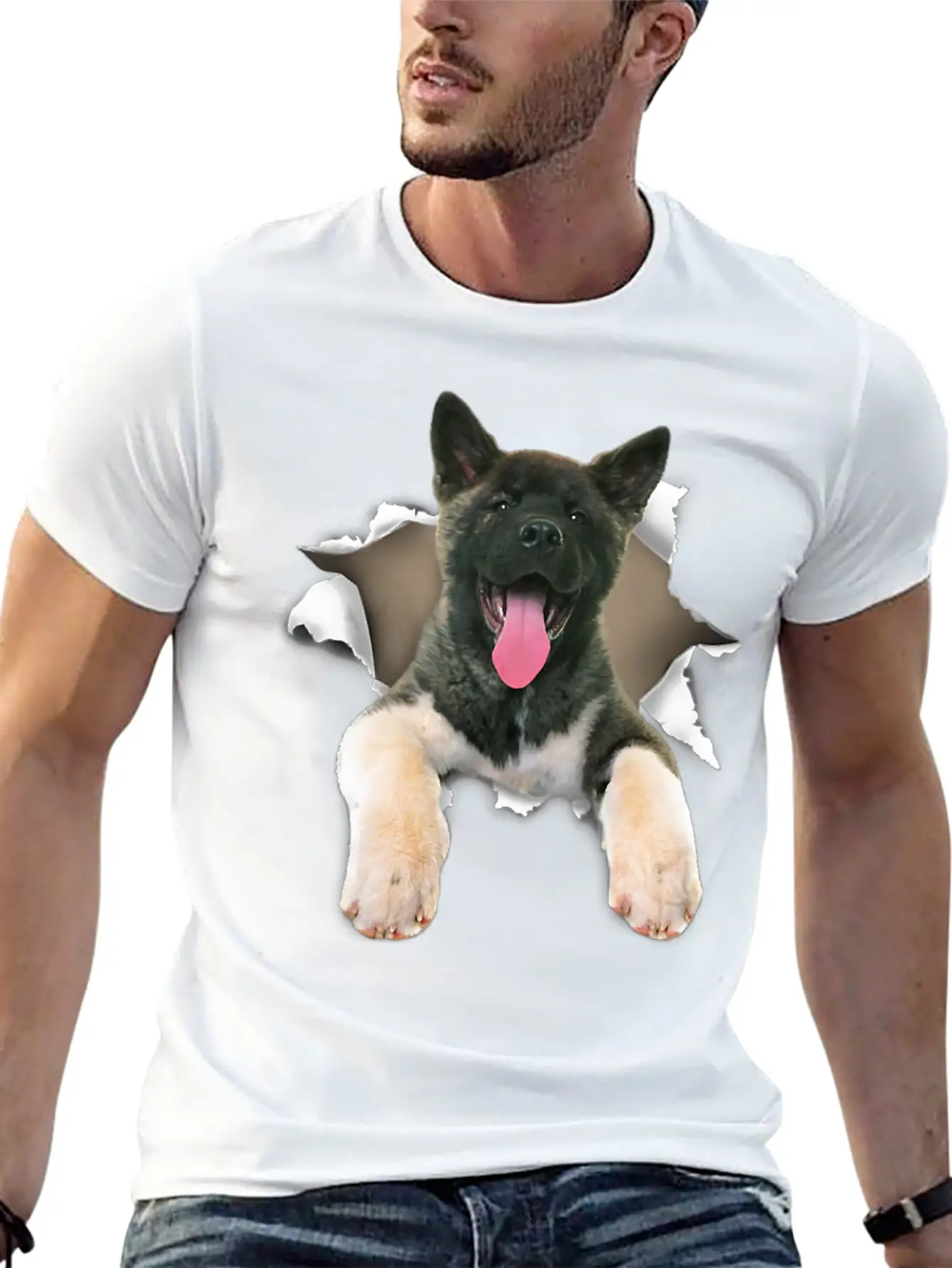 Akita Torn Dog Inside Hole Dog Mid Torn Funny Dog Stylish Everyday T-Shirt – Unisex Basic Cotton Tee