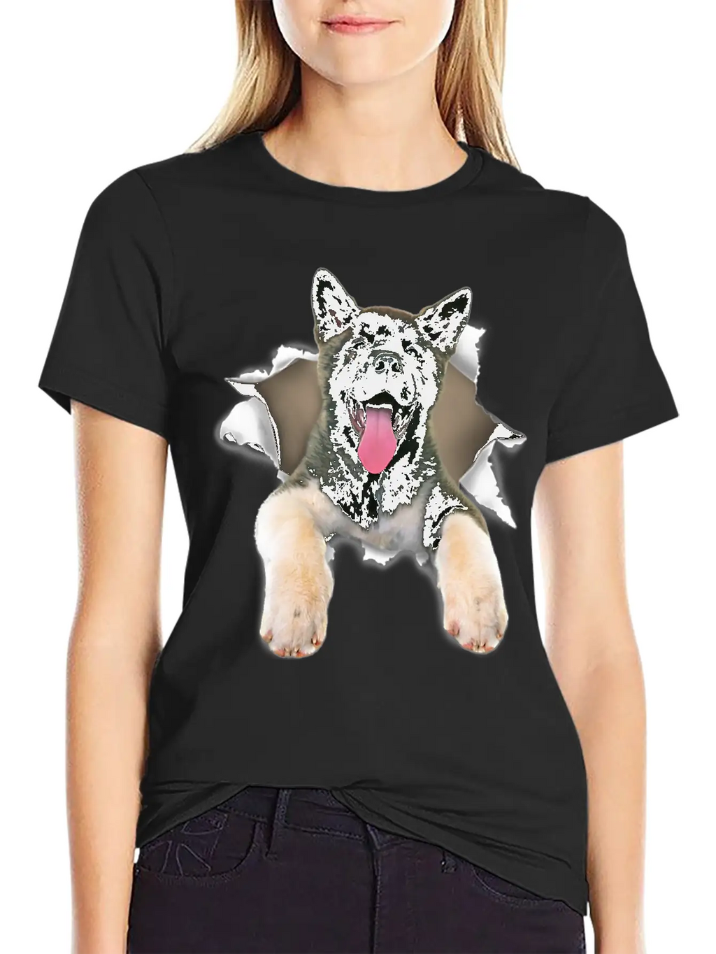 Akita Torn Dog Inside Hole Dog Mid Torn Funny Dog Stylish Everyday T-Shirt – Unisex Basic Cotton Tee