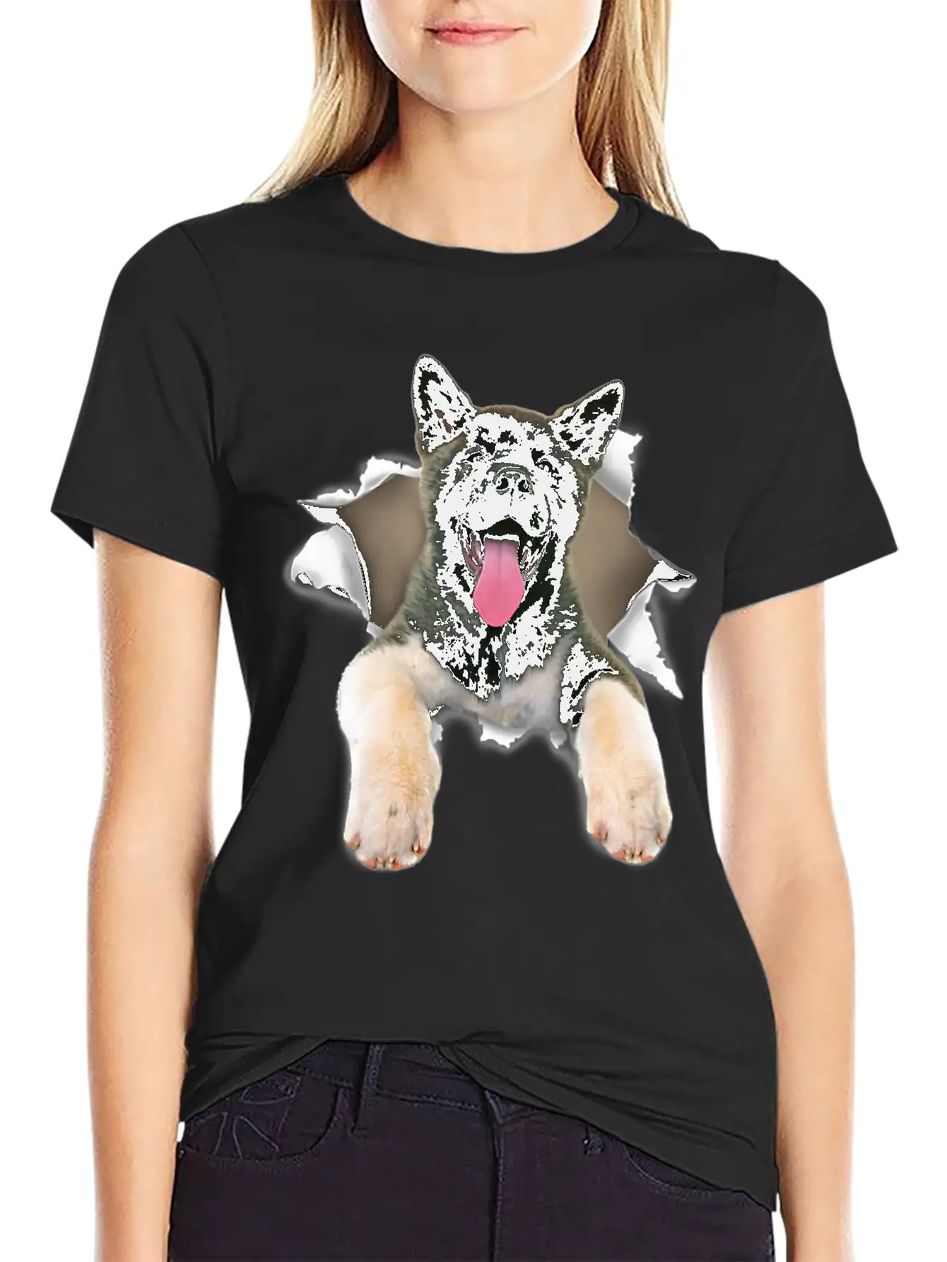 Akita Torn Dog Inside Hole Dog Mid Torn Funny Dog Stylish Everyday T-Shirt – Unisex Basic Cotton Tee