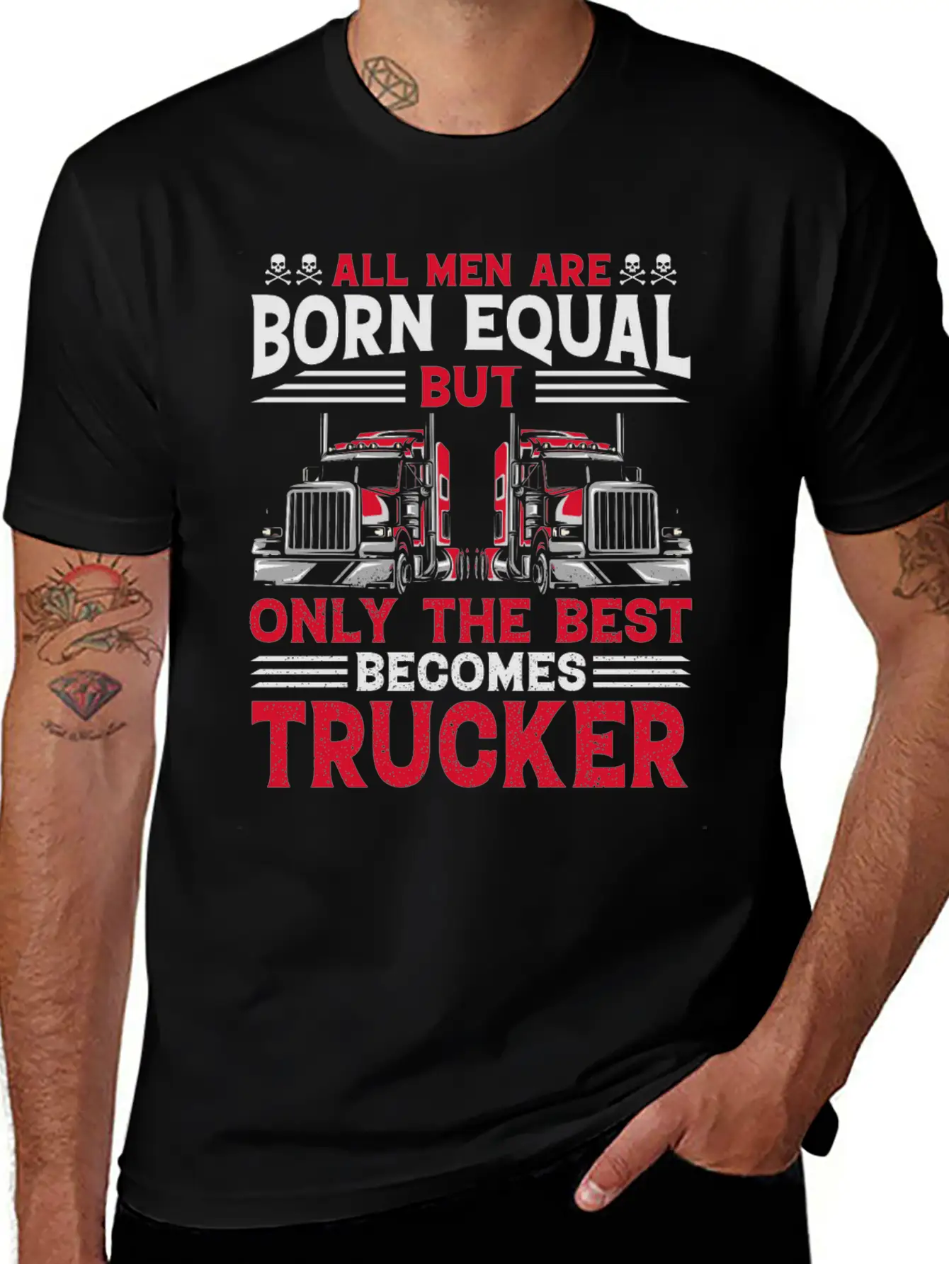 ALL MEN ARE BORN EQUAL BUT TRUCKRR Unisex Short Sleeve Soft Cotton T-Shirt – Casual Everyday Wear