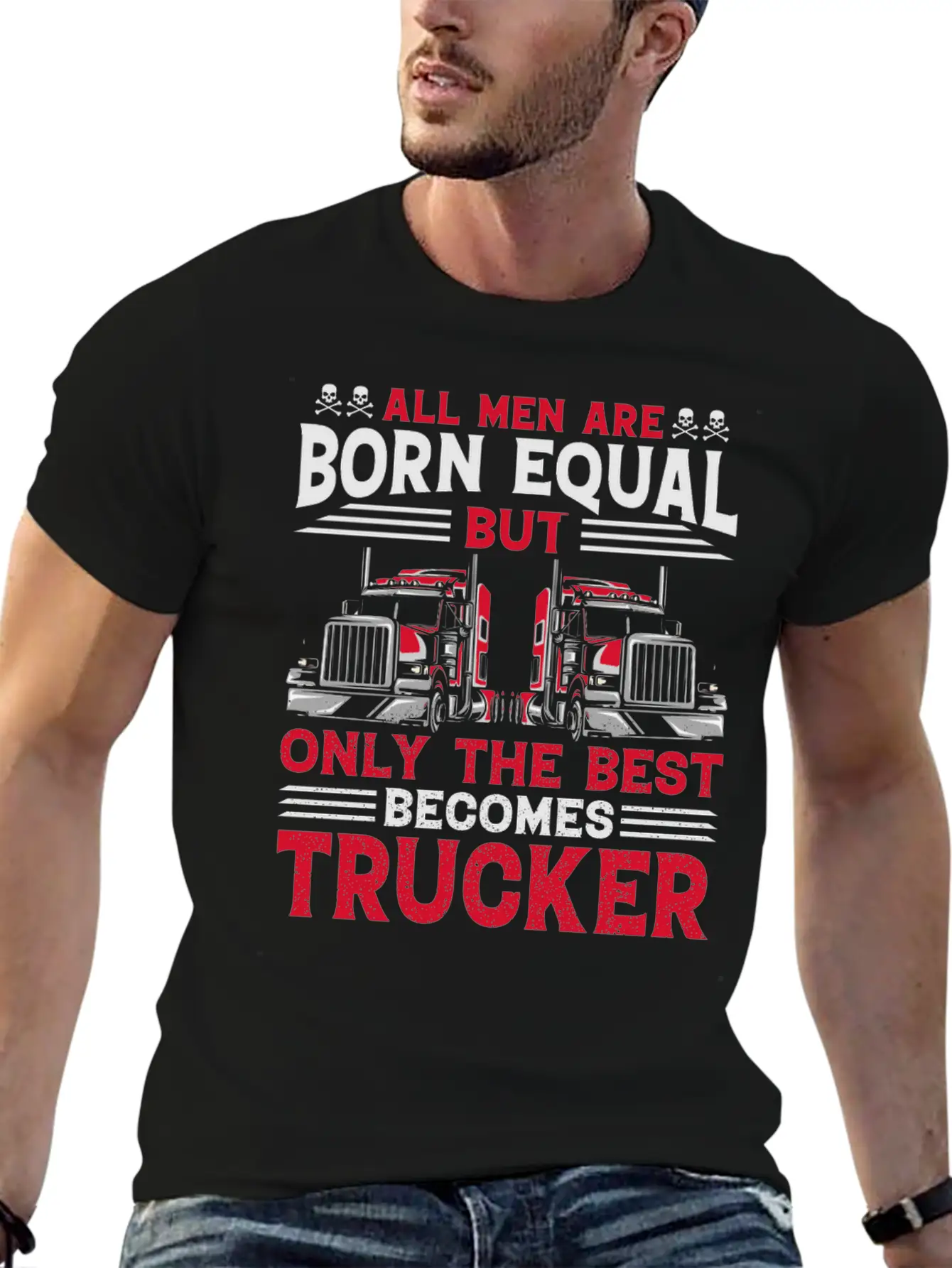 ALL MEN ARE BORN EQUAL BUT TRUCKRR Unisex Short Sleeve Soft Cotton T-Shirt – Casual Everyday Wear