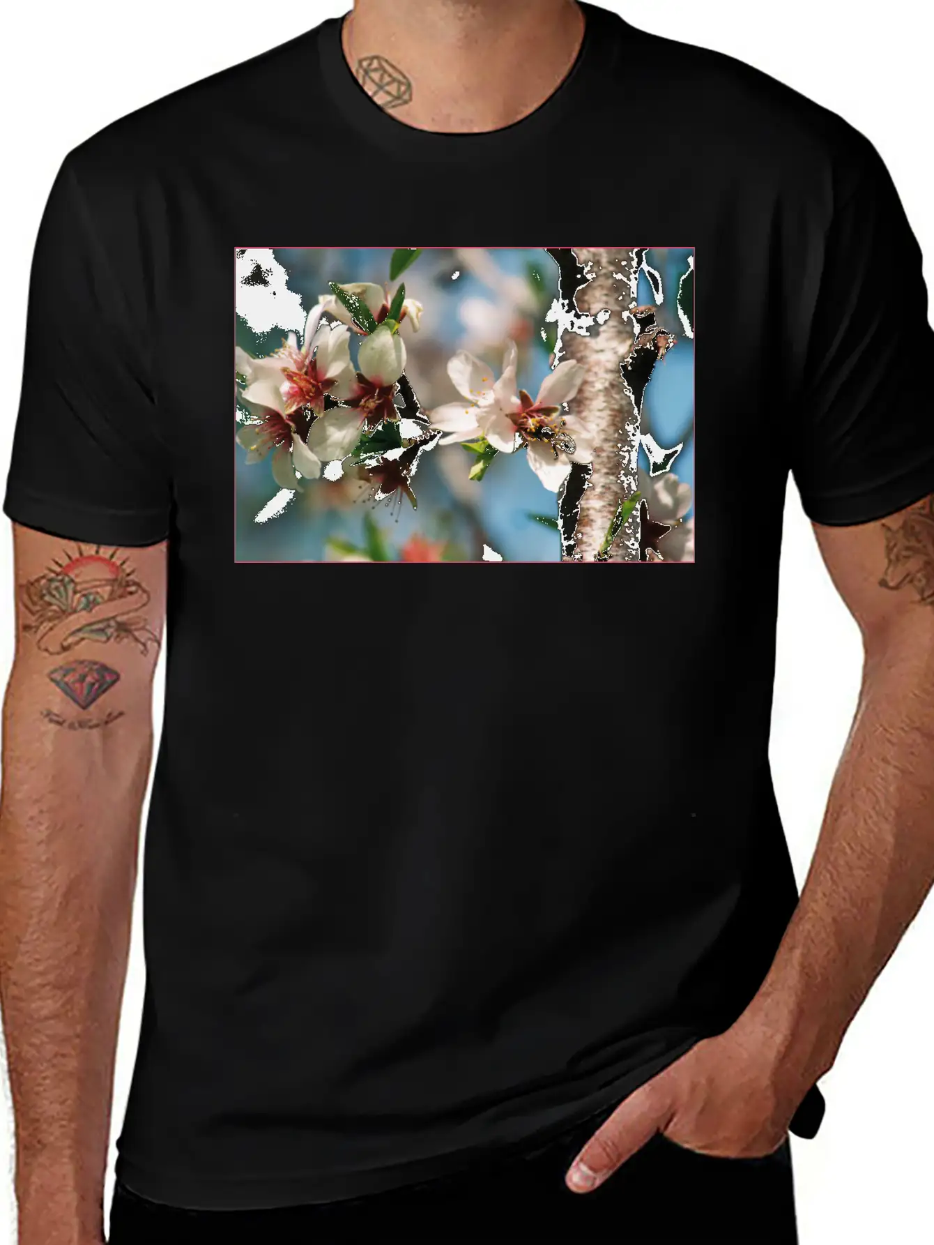 Almond Blossom With Bees On The Tree In Mallorca Casual Graphic T-Shirt – Simple And Comfortable Daily Wear