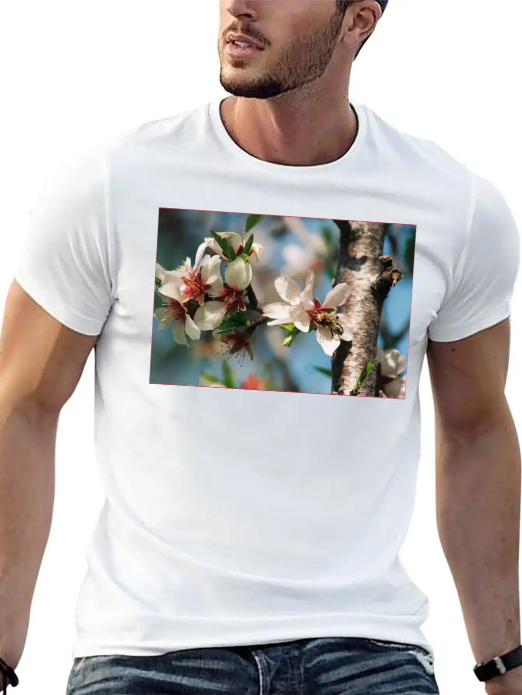 Almond Blossom With Bees On The Tree In Mallorca Casual Graphic T-Shirt – Simple And Comfortable Daily Wear