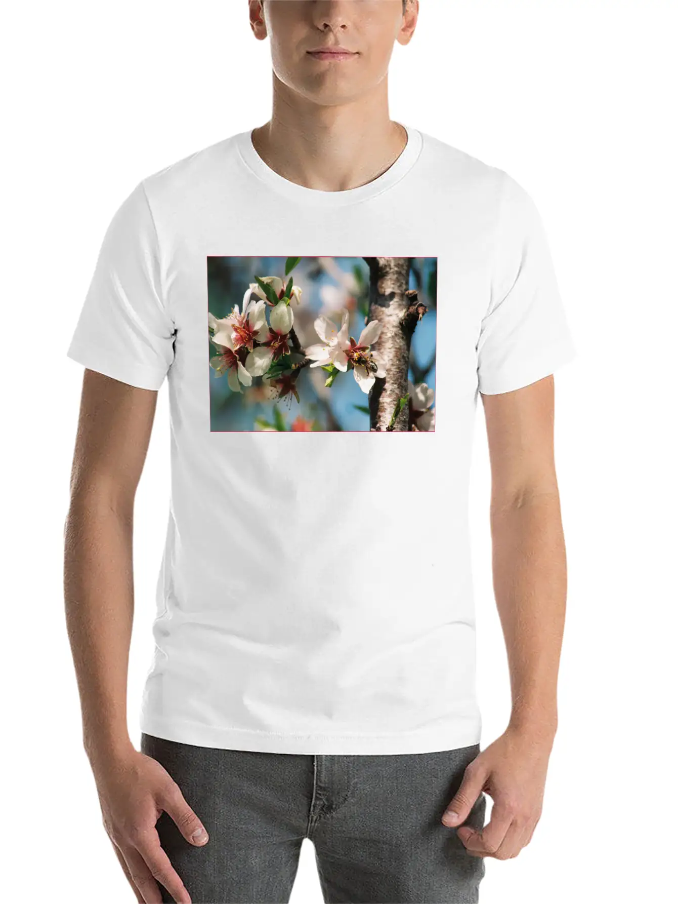 Almond Blossom With Bees On The Tree In Mallorca Casual Graphic T-Shirt – Simple And Comfortable Daily Wear