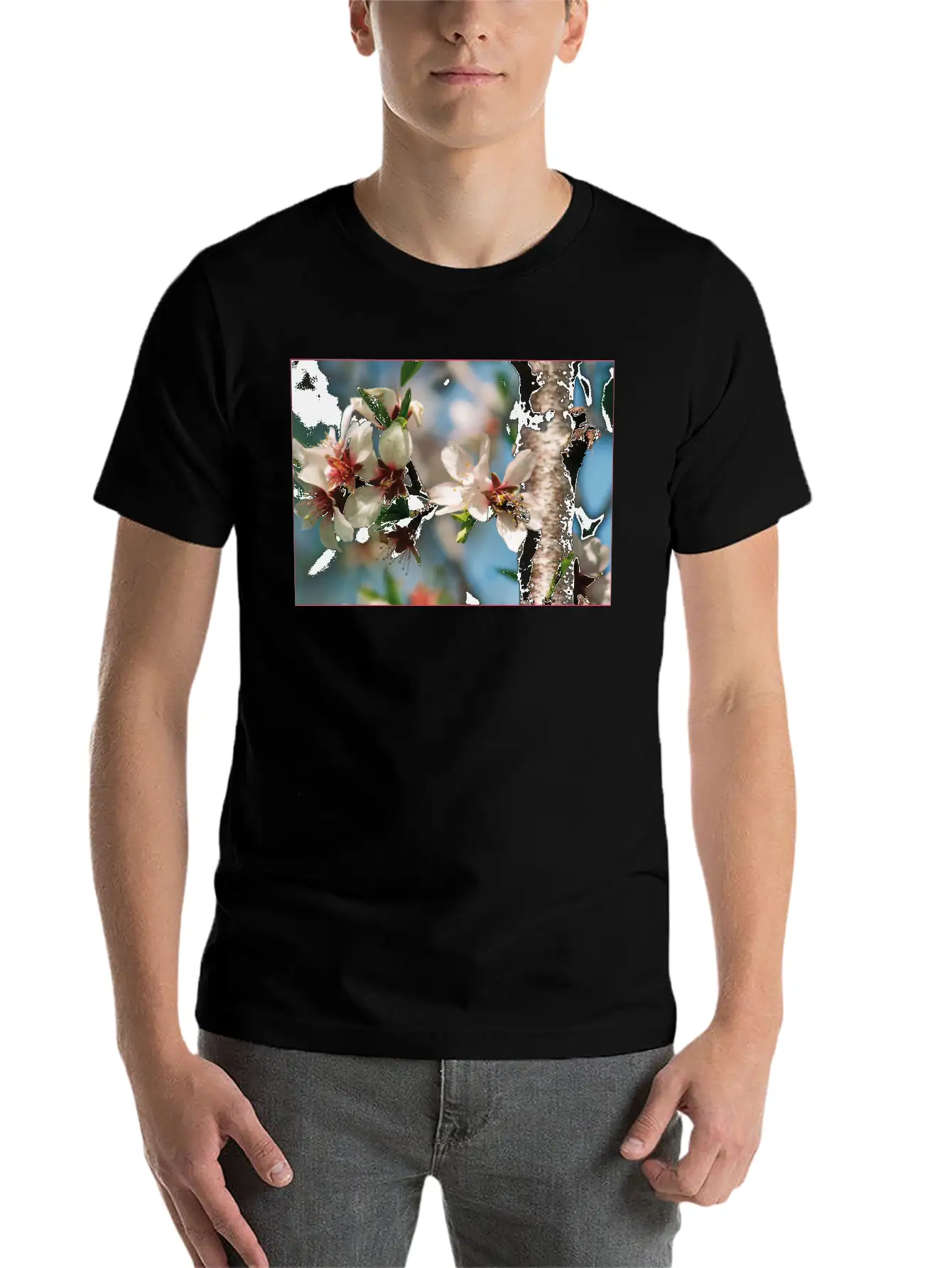 Almond Blossom With Bees On The Tree In Mallorca Casual Graphic T-Shirt – Simple And Comfortable Daily Wear