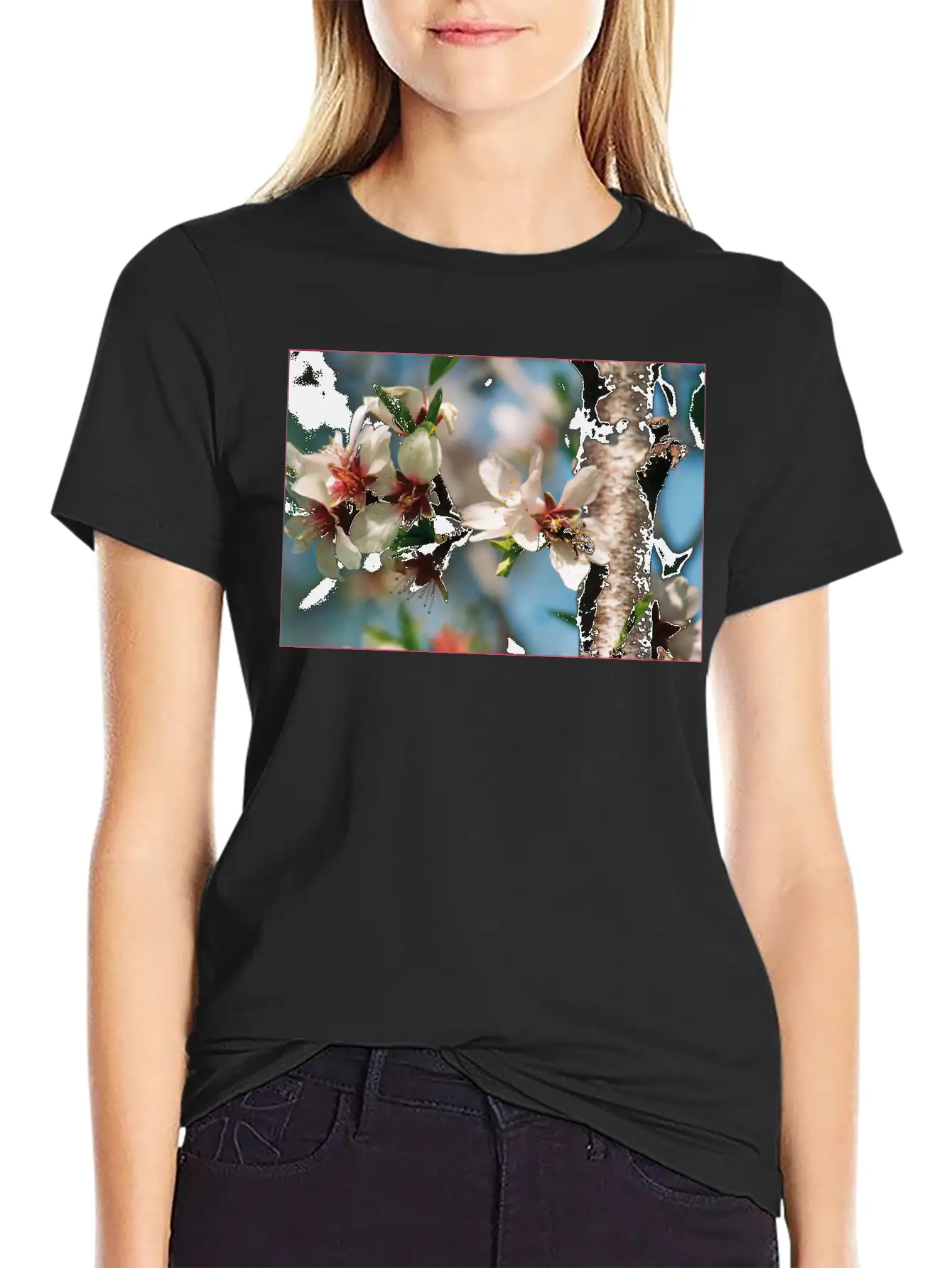 Almond Blossom With Bees On The Tree In Mallorca Casual Graphic T-Shirt – Simple And Comfortable Daily Wear