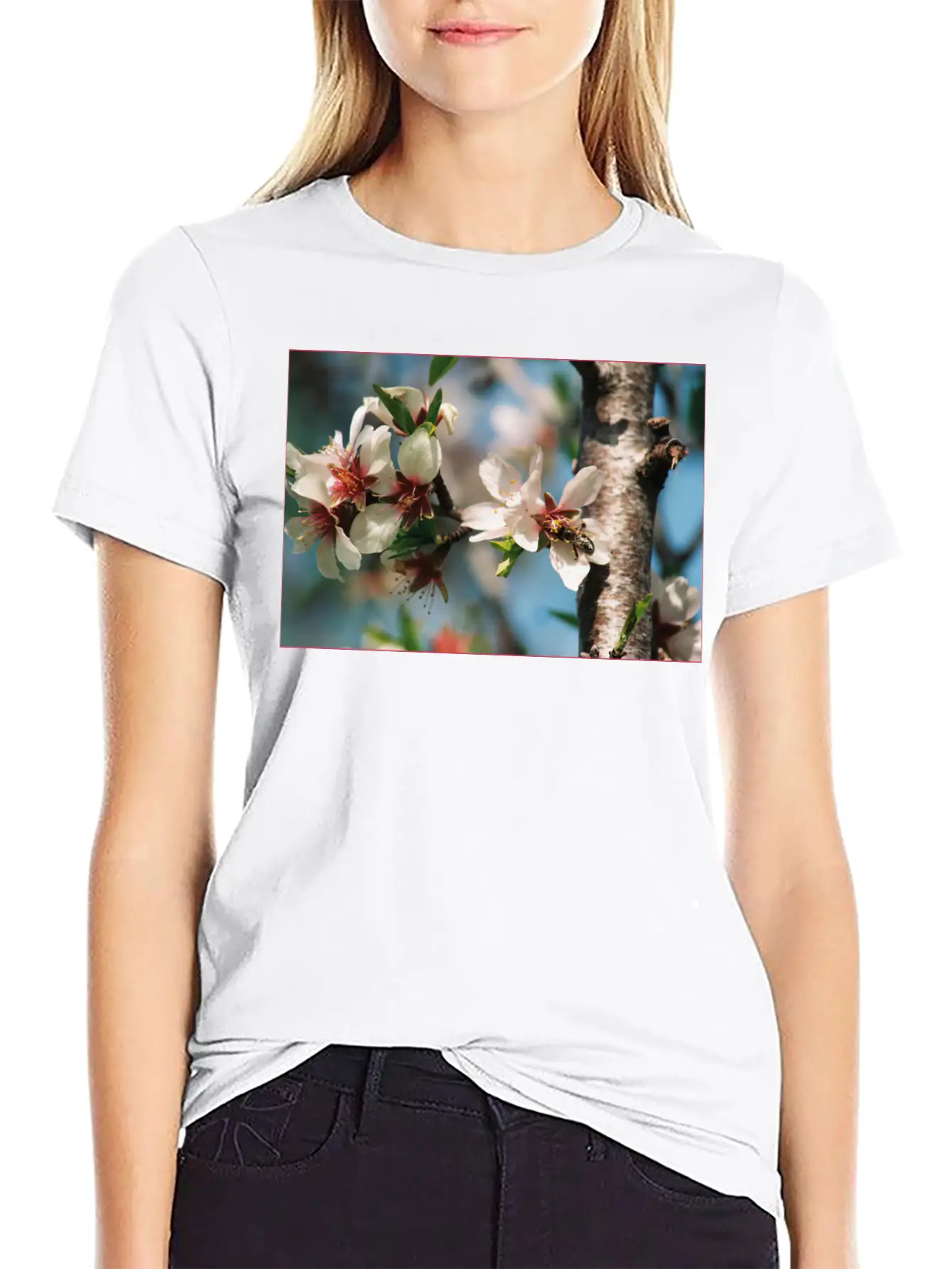 Almond Blossom With Bees On The Tree In Mallorca Casual Graphic T-Shirt – Simple And Comfortable Daily Wear