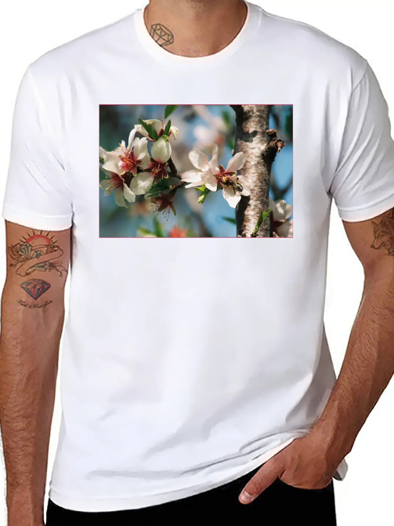 Almond Blossom With Bees On The Tree In Mallorca Casual Graphic T-Shirt – Simple And Comfortable Daily Wear