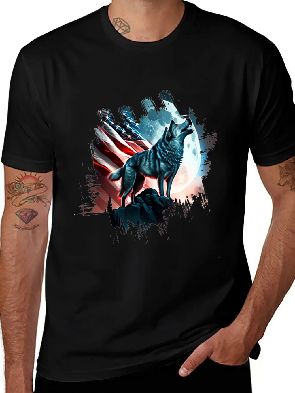 America Wolf Under Moon With American Flag Unisex Short Sleeve Soft Cotton T-Shirt – Casual Everyday Wear