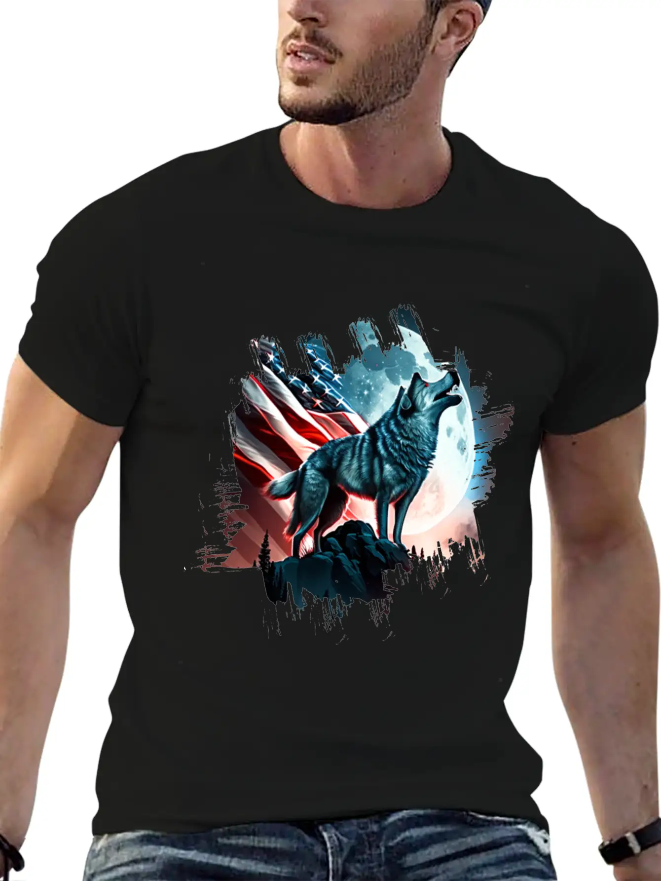 America Wolf Under Moon With American Flag Unisex Short Sleeve Soft Cotton T-Shirt – Casual Everyday Wear