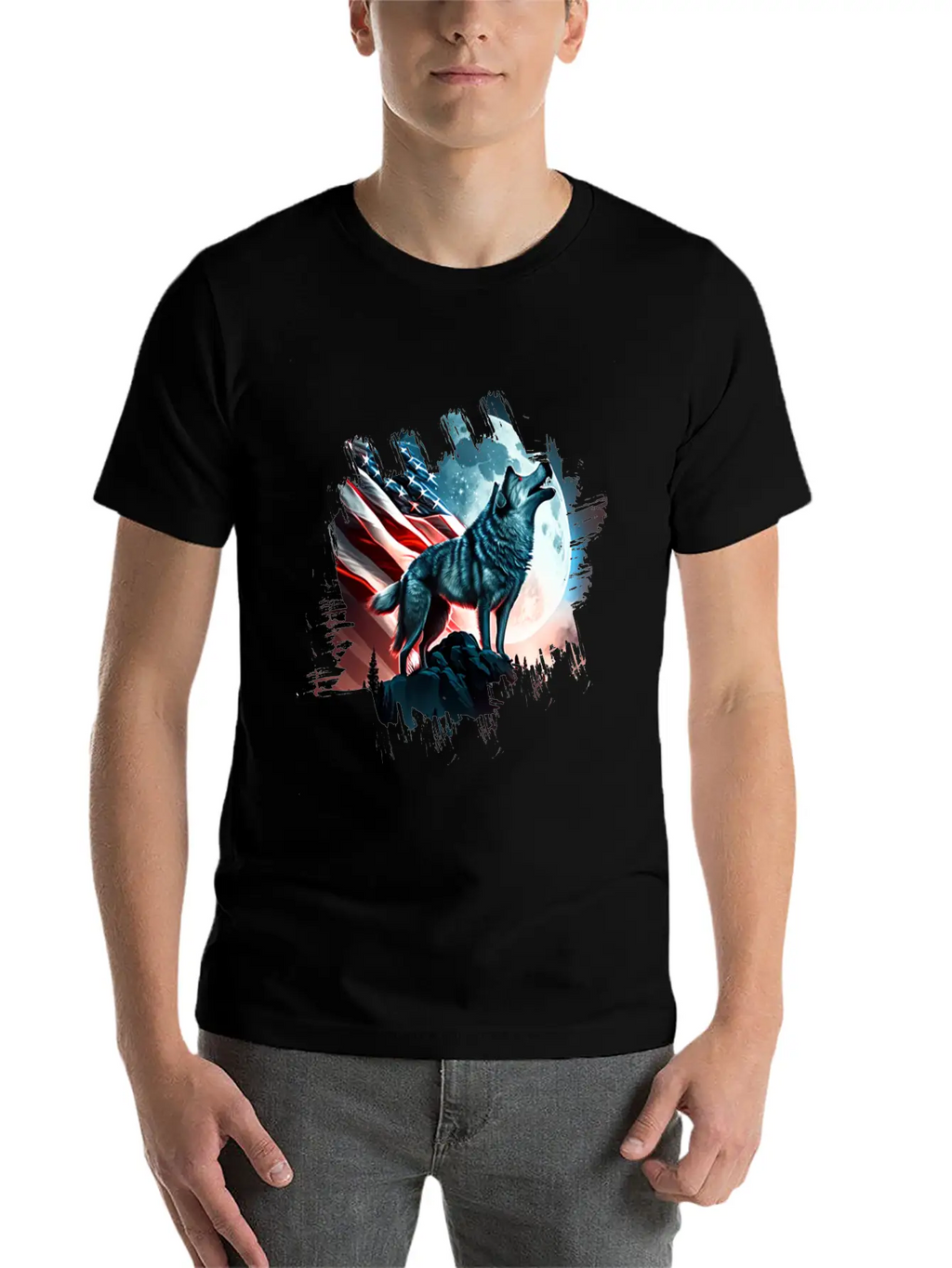 America Wolf Under Moon With American Flag Unisex Short Sleeve Soft Cotton T-Shirt – Casual Everyday Wear
