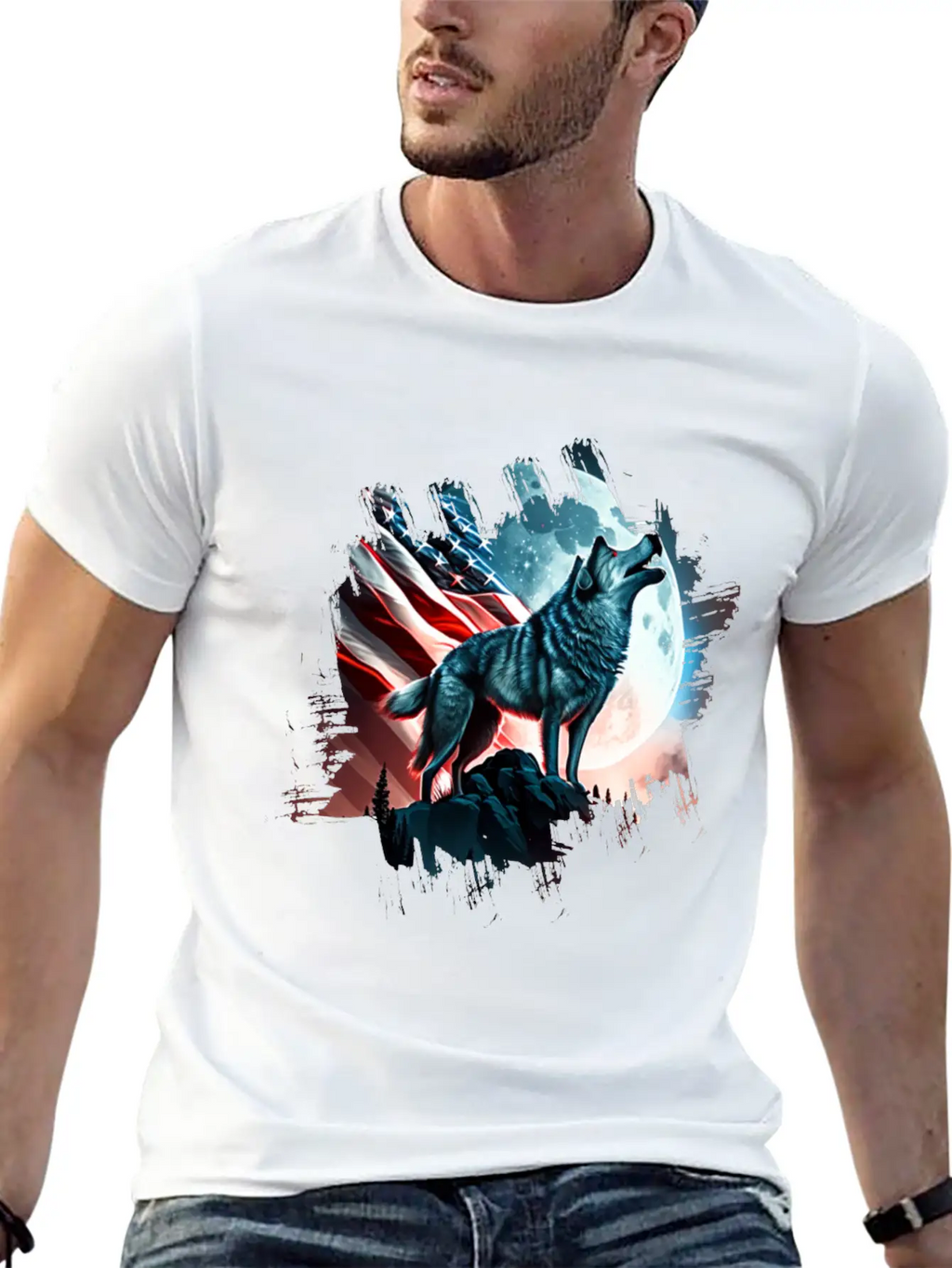 America Wolf Under Moon With American Flag Unisex Short Sleeve Soft Cotton T-Shirt – Casual Everyday Wear