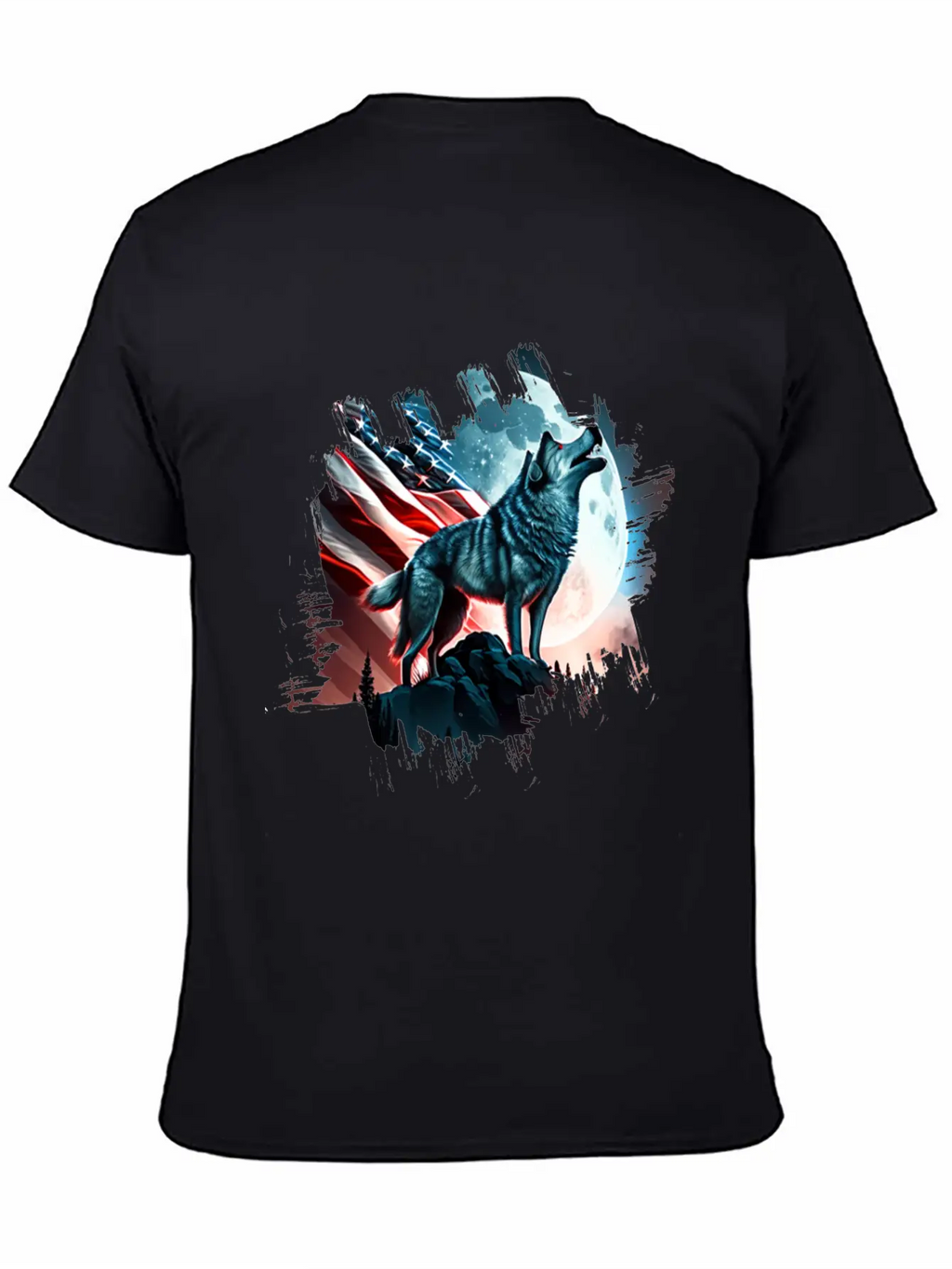 America Wolf Under Moon With American Flag Unisex Short Sleeve Soft Cotton T-Shirt – Casual Everyday Wear