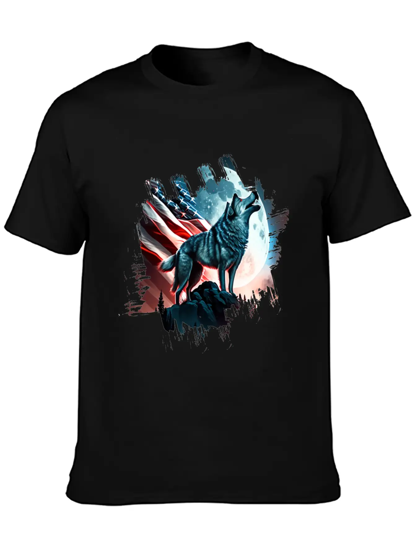America Wolf Under Moon With American Flag Unisex Short Sleeve Soft Cotton T-Shirt – Casual Everyday Wear