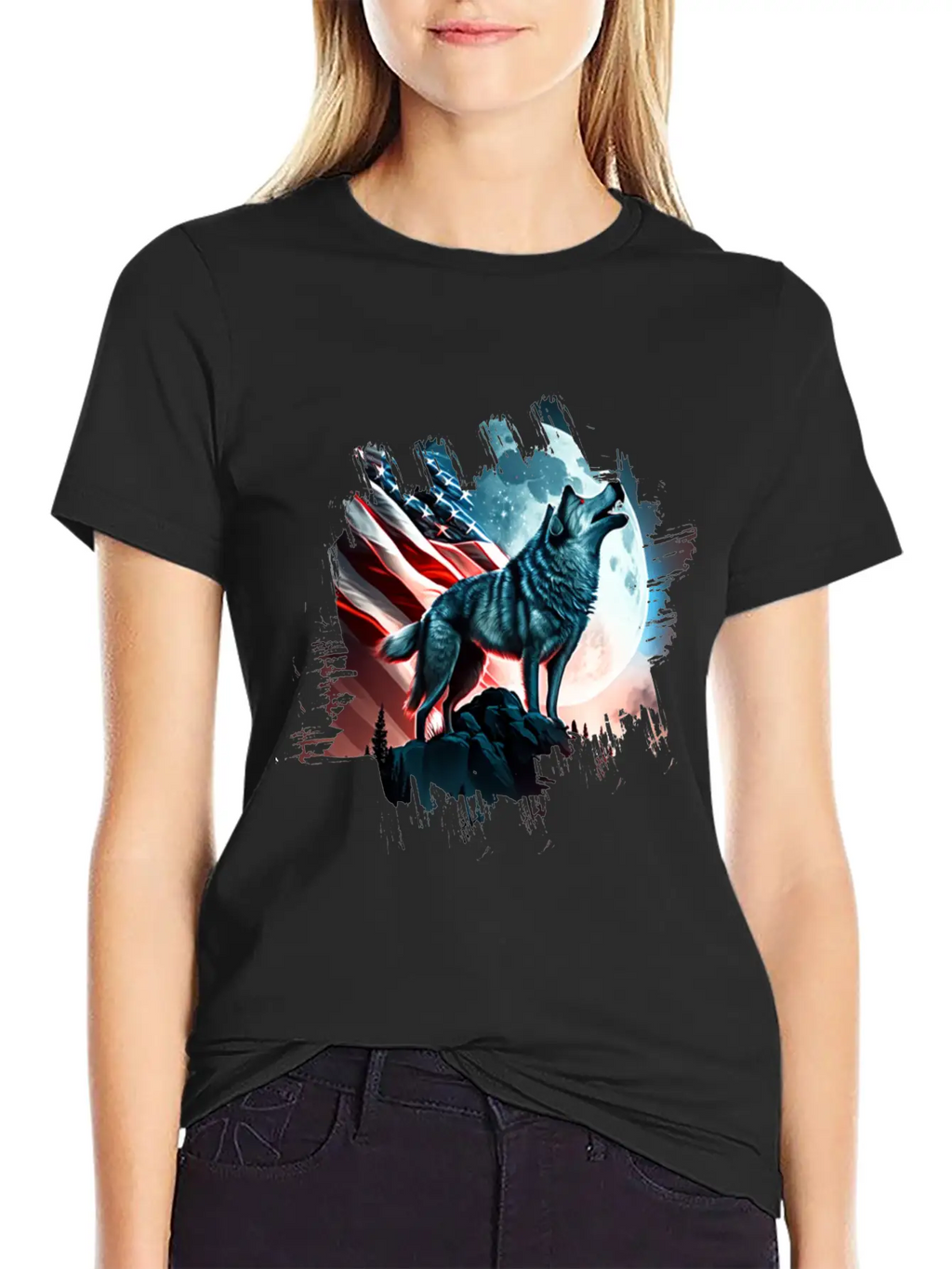 America Wolf Under Moon With American Flag Unisex Short Sleeve Soft Cotton T-Shirt – Casual Everyday Wear