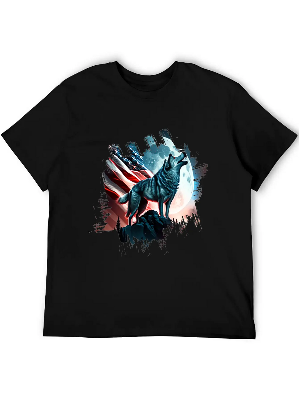 America Wolf Under Moon With American Flag Unisex Short Sleeve Soft Cotton T-Shirt – Casual Everyday Wear