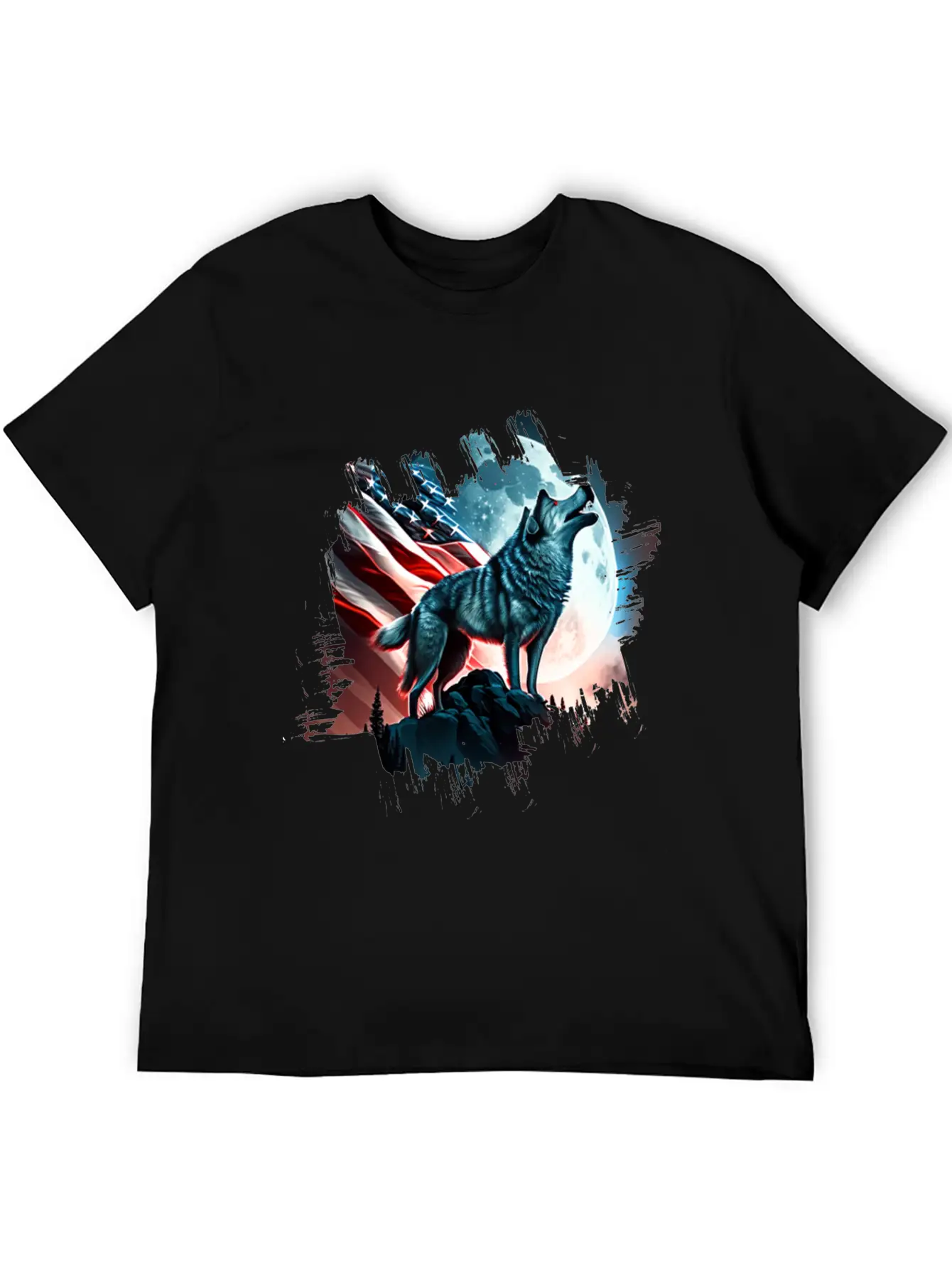 America Wolf Under Moon With American Flag Unisex Short Sleeve Soft Cotton T-Shirt – Casual Everyday Wear