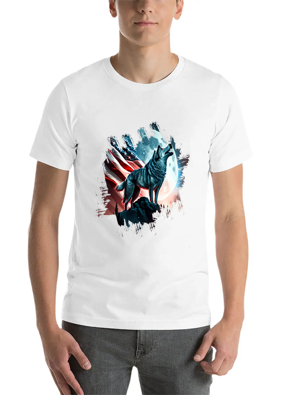 America Wolf Under Moon With American Flag Unisex Short Sleeve Soft Cotton T-Shirt – Casual Everyday Wear
