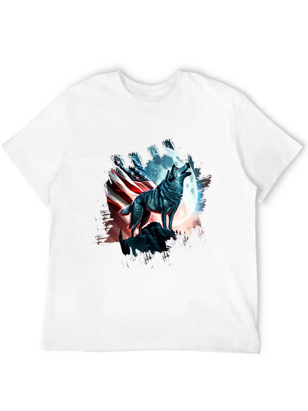 America Wolf Under Moon With American Flag Unisex Short Sleeve Soft Cotton T-Shirt – Casual Everyday Wear