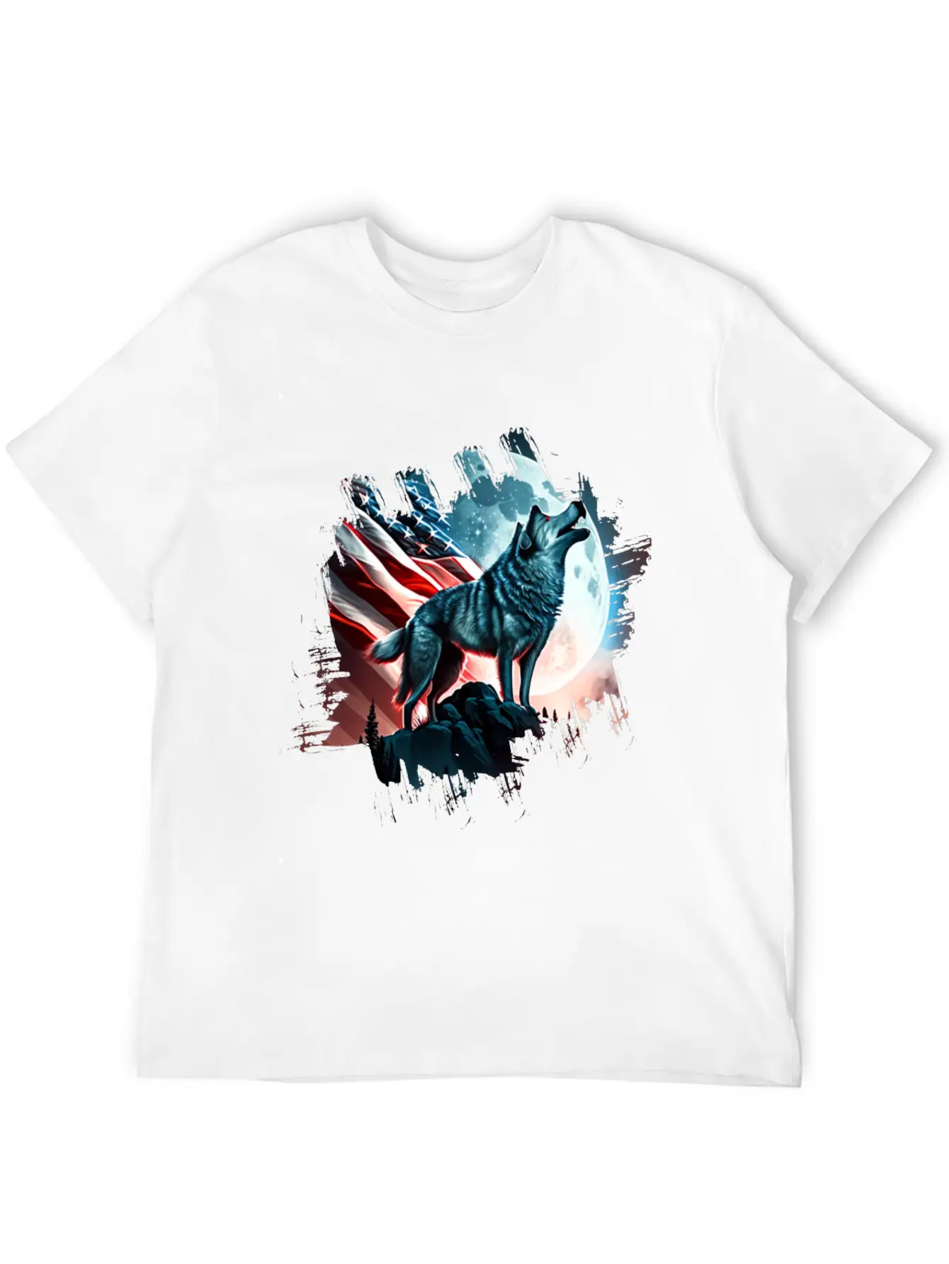 America Wolf Under Moon With American Flag Unisex Short Sleeve Soft Cotton T-Shirt – Casual Everyday Wear